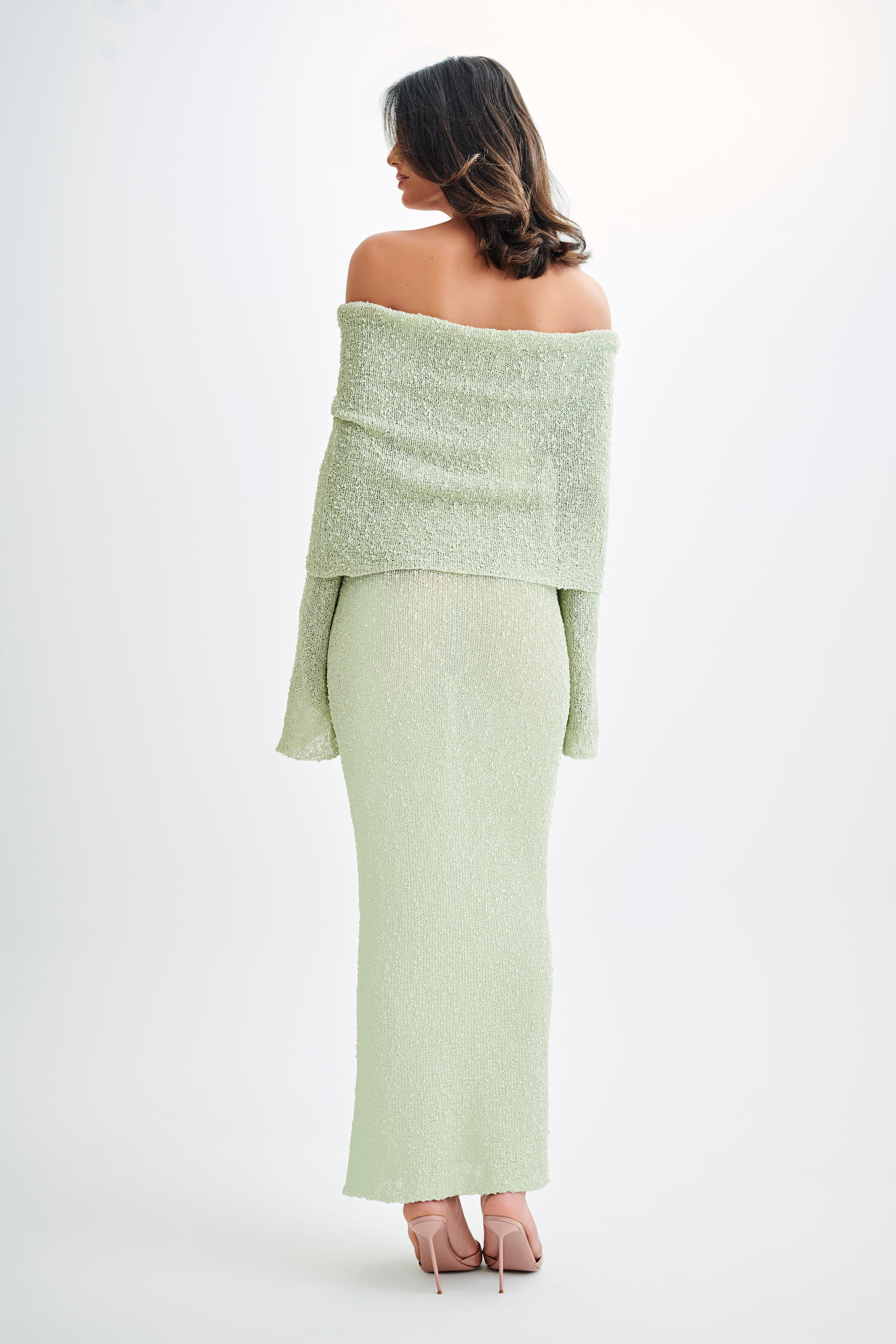 Off Shoulder Boucle Maxi Dress with Flared Sleeves | Marisol