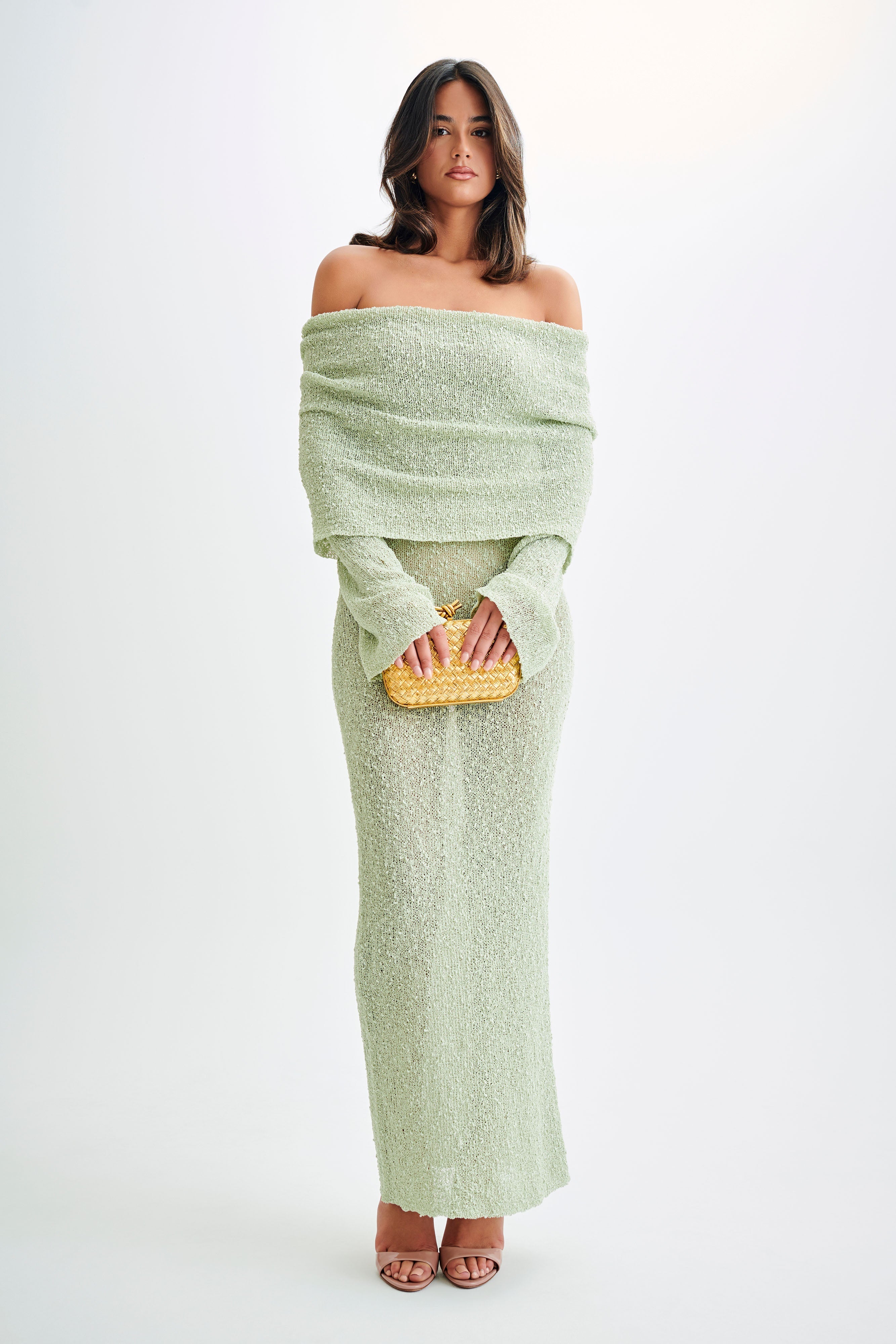 Off Shoulder Boucle Maxi Dress with Flared Sleeves | Marisol