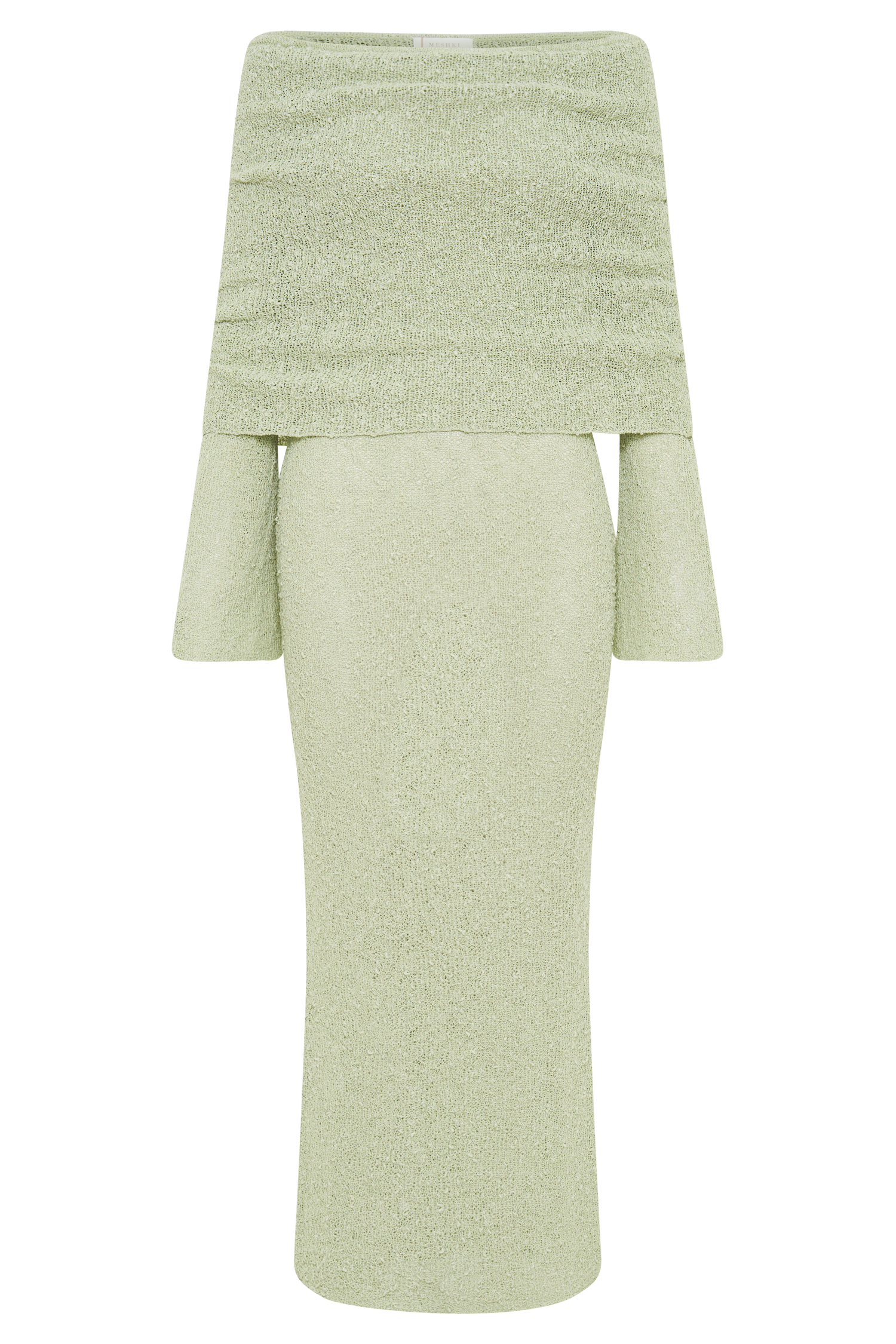 Off Shoulder Boucle Maxi Dress with Flared Sleeves | Marisol