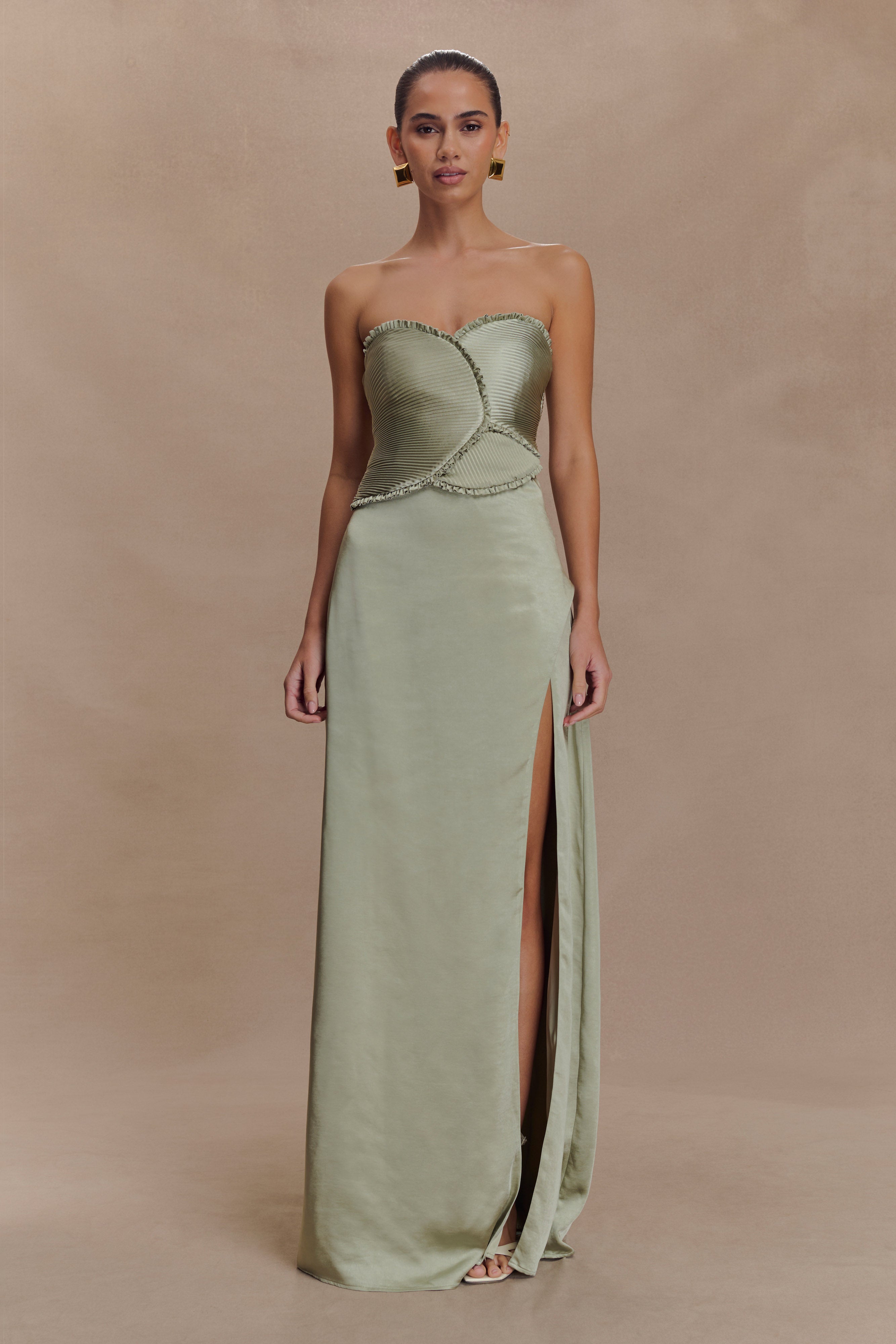 Satin Maxi Dress with Ruched Petals & Leg Split | Larissa