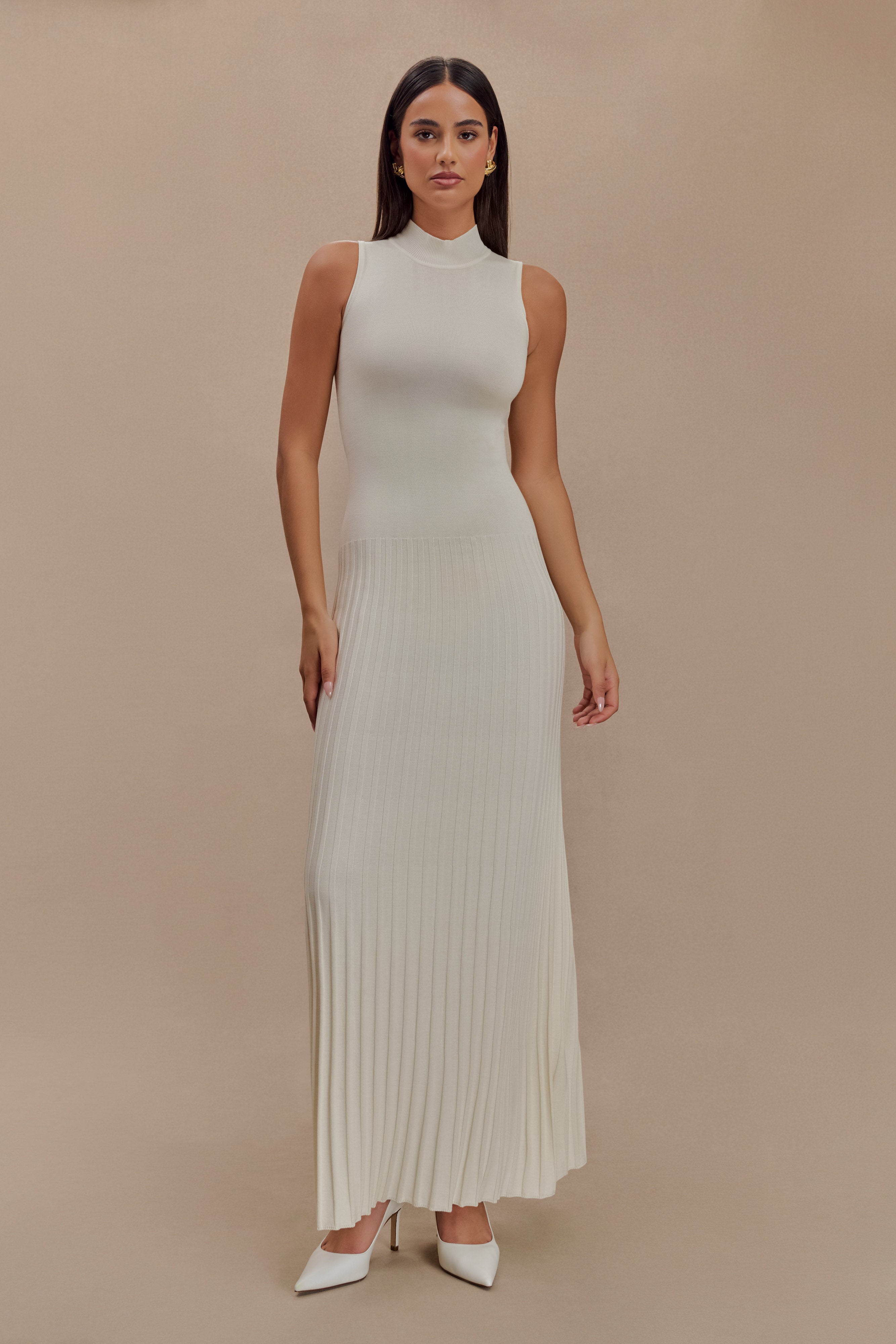 High Neck Pleated Maxi Dress - Ivory | Mavis