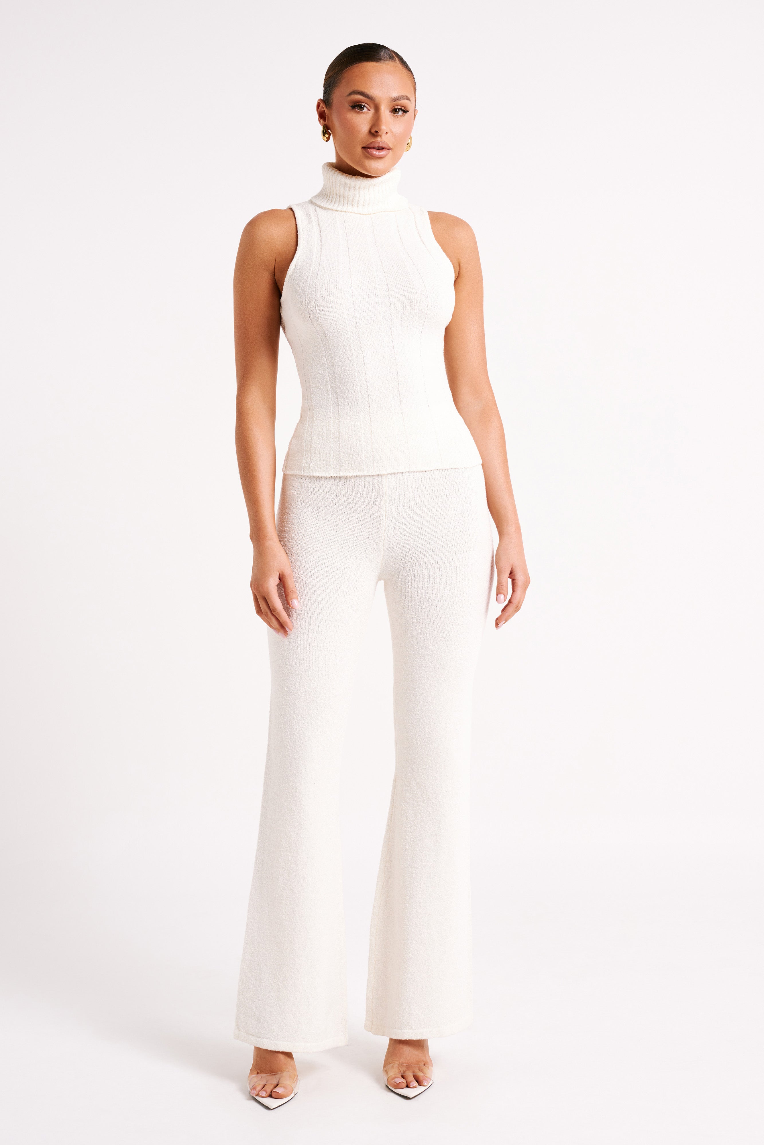 High-Rise Knit Pants with Flared Hem & Elastic Waistband | Angelina Ivory