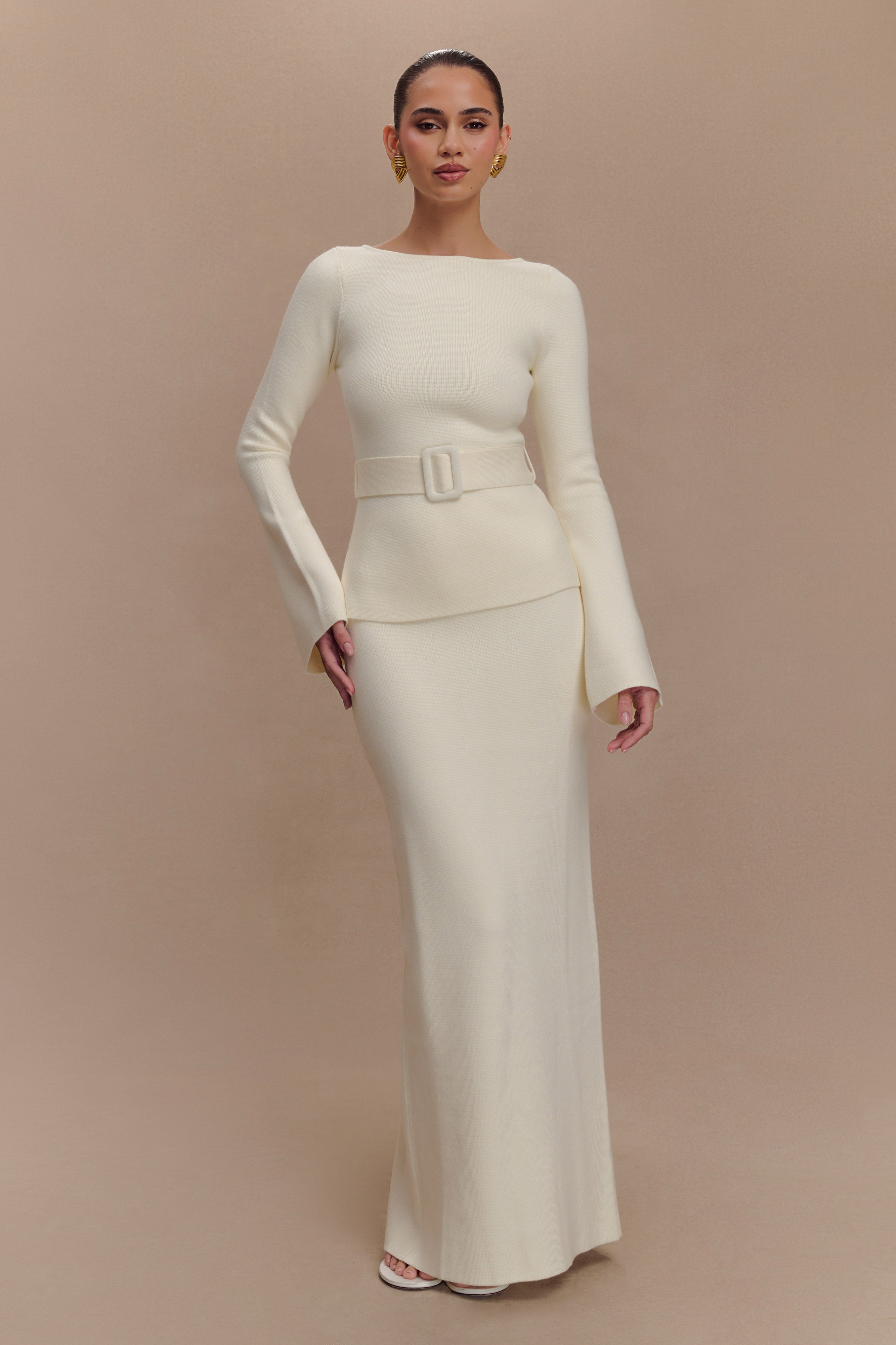Belted Knit Top with Long Sleeves & Waist Tie | Justine Ivory