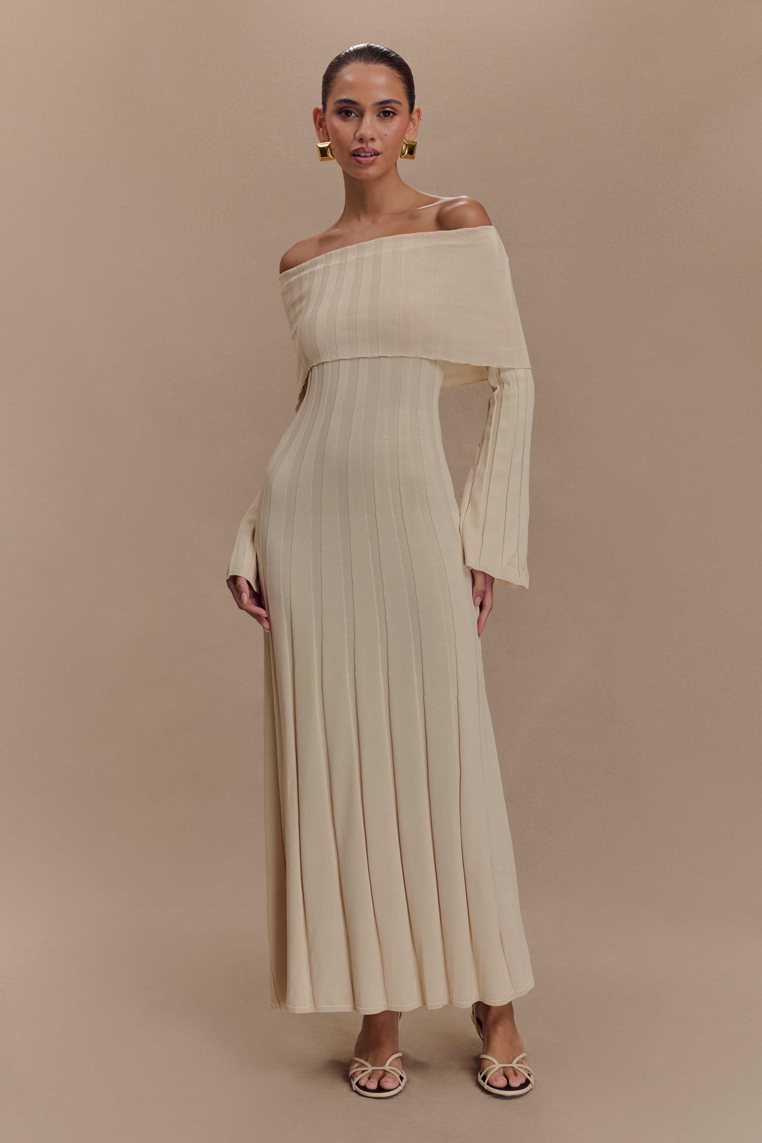 Off-the-Shoulder Knit Midi Dress with Long Sleeves | Alonza