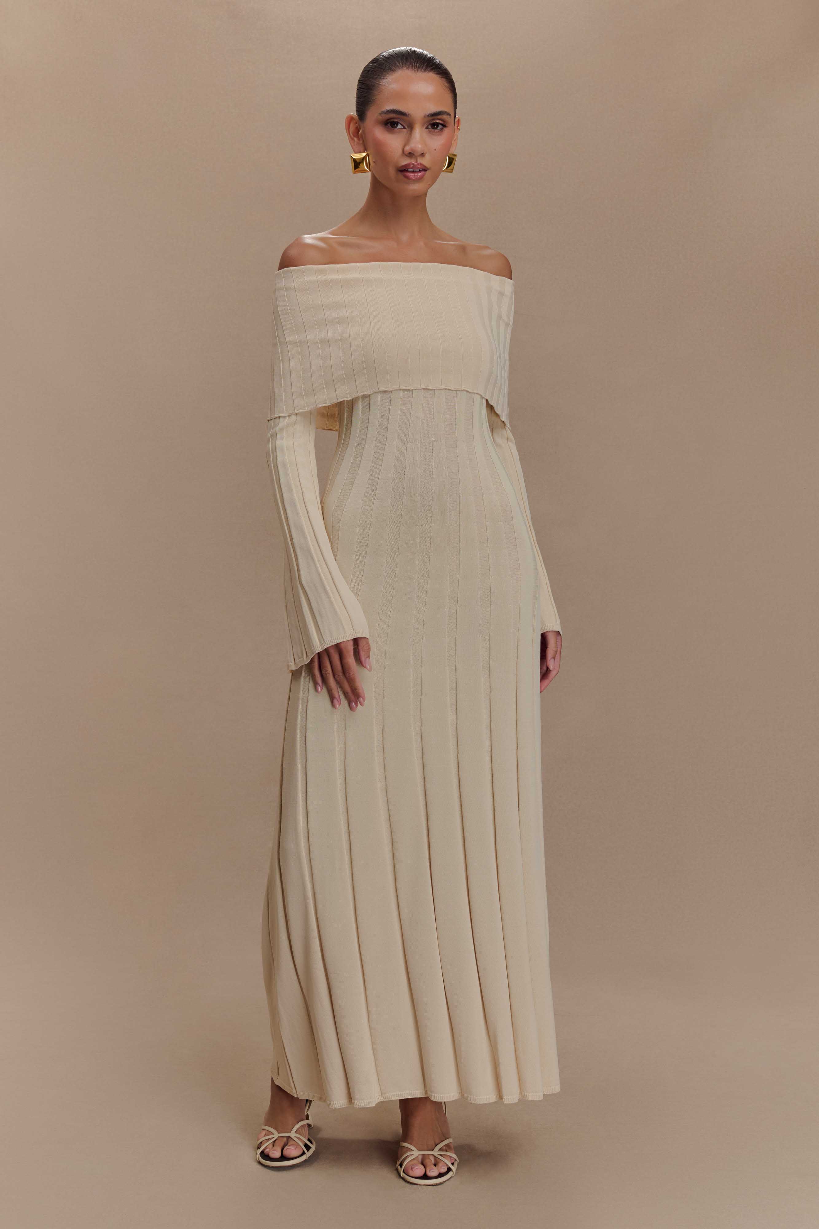 Off-the-Shoulder Knit Midi Dress with Long Sleeves | Alonza