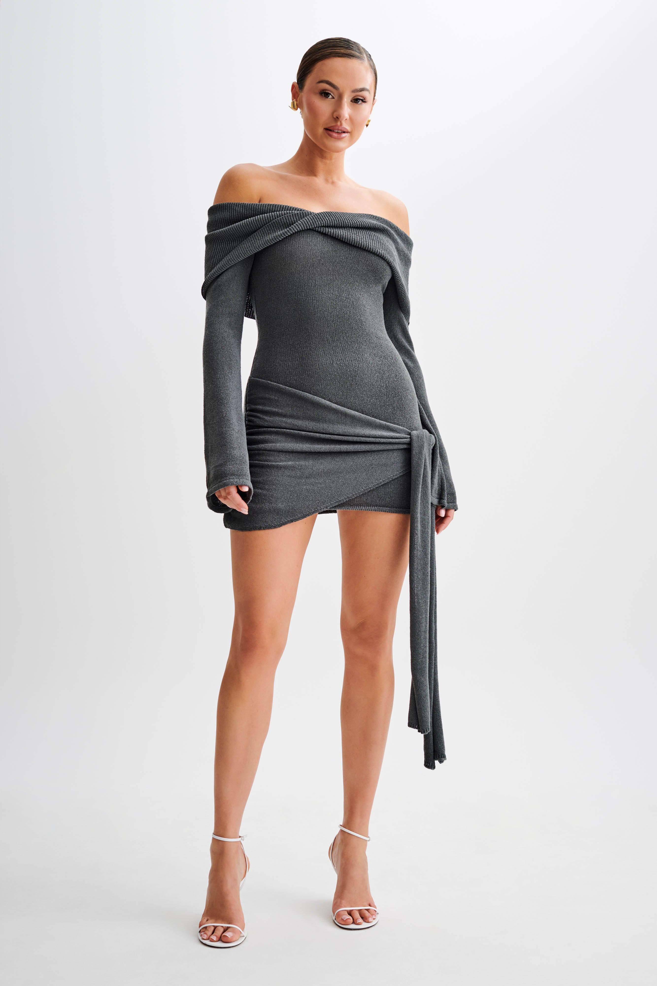 Off Shoulder Tie Mini Dress with Long Sleeves | Camryn