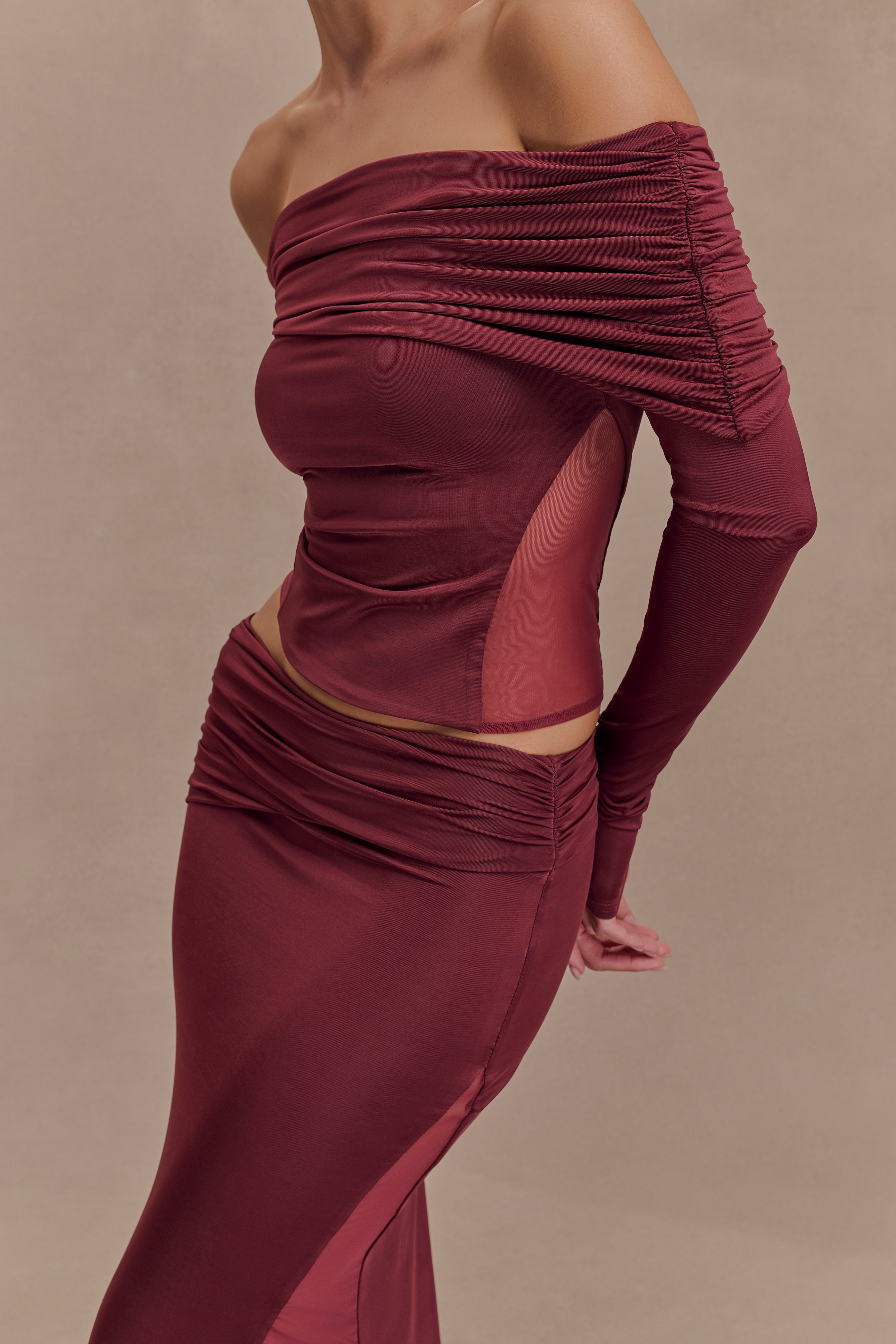 Off Shoulder Mesh Top with Sheer Detail | Judy Slinky Wine