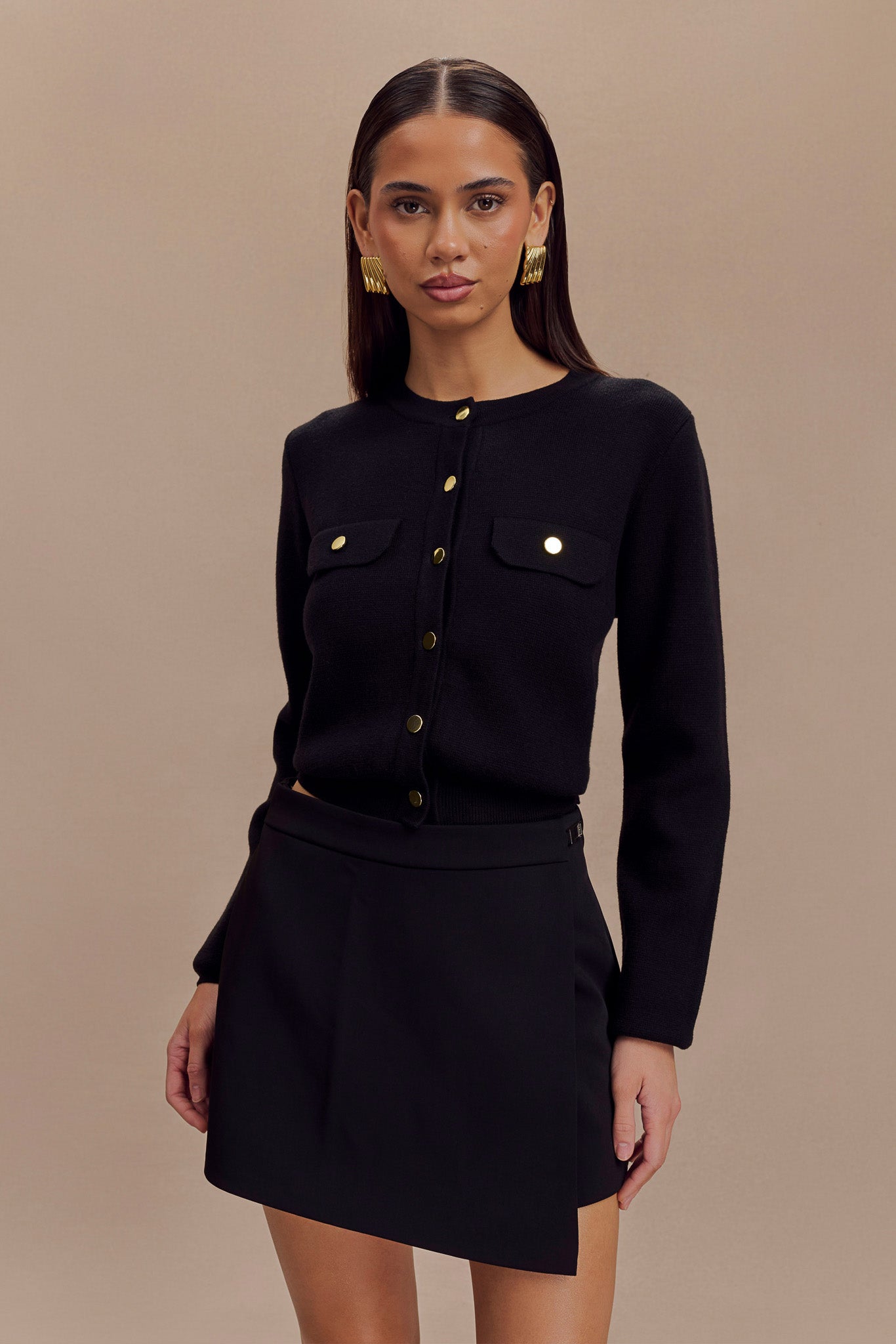 Black Knit Cardigan with Gold Buttons & Mock Pockets | Tabitha