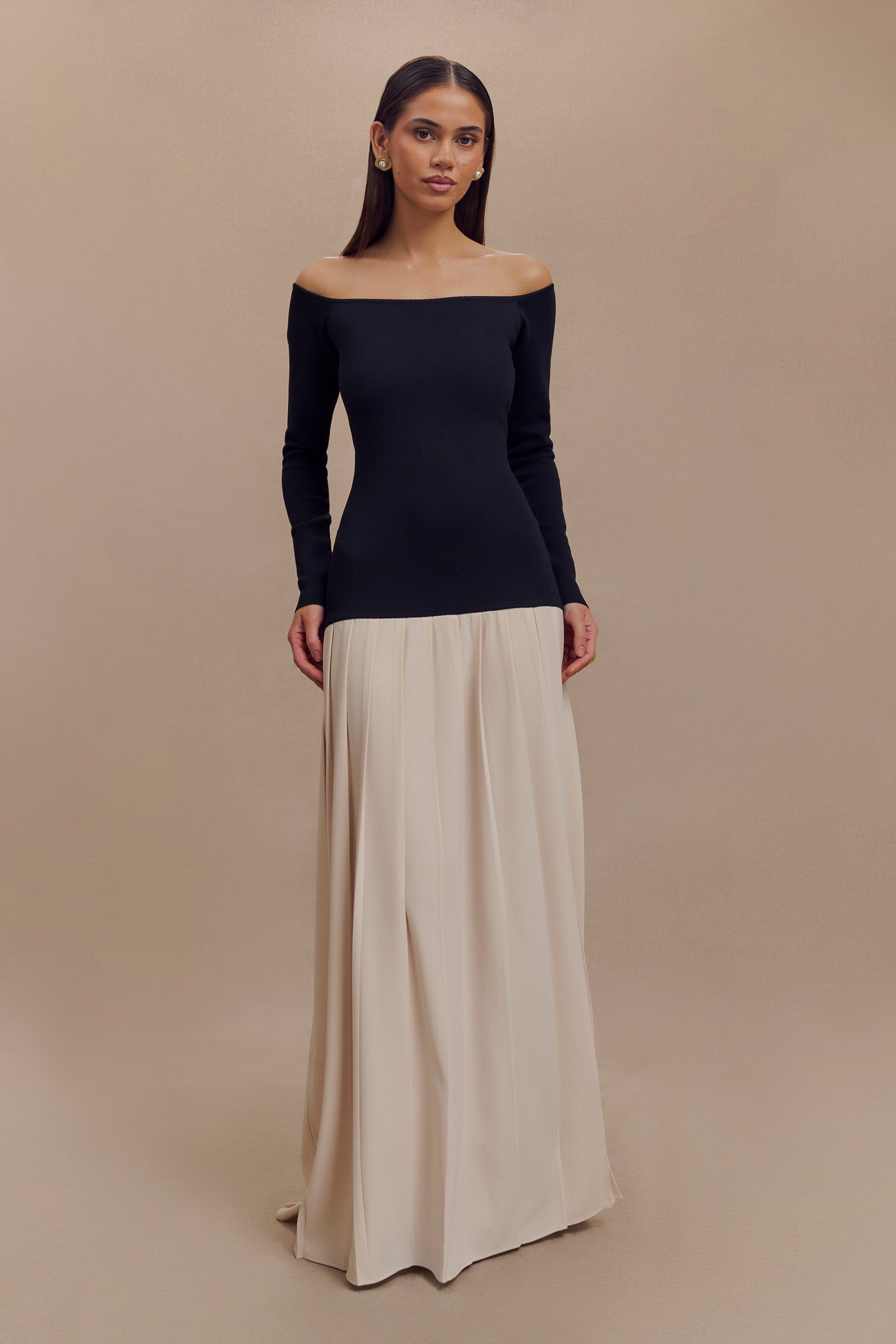 Off Shoulder Maxi Dress with Contrast Knit & Pleated Skirt | Presley