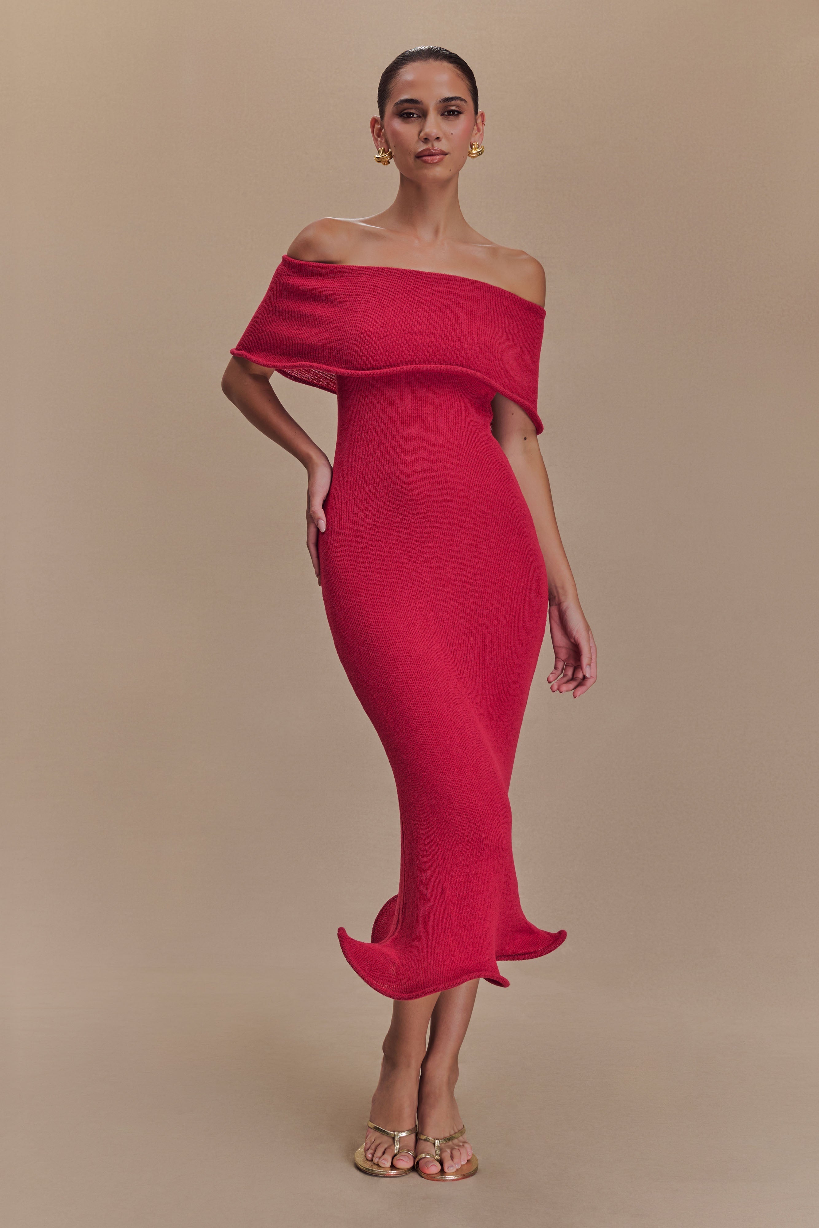 Off Shoulder Knit Midi Dress with Ruffle Hem | Molly - Raspberry
