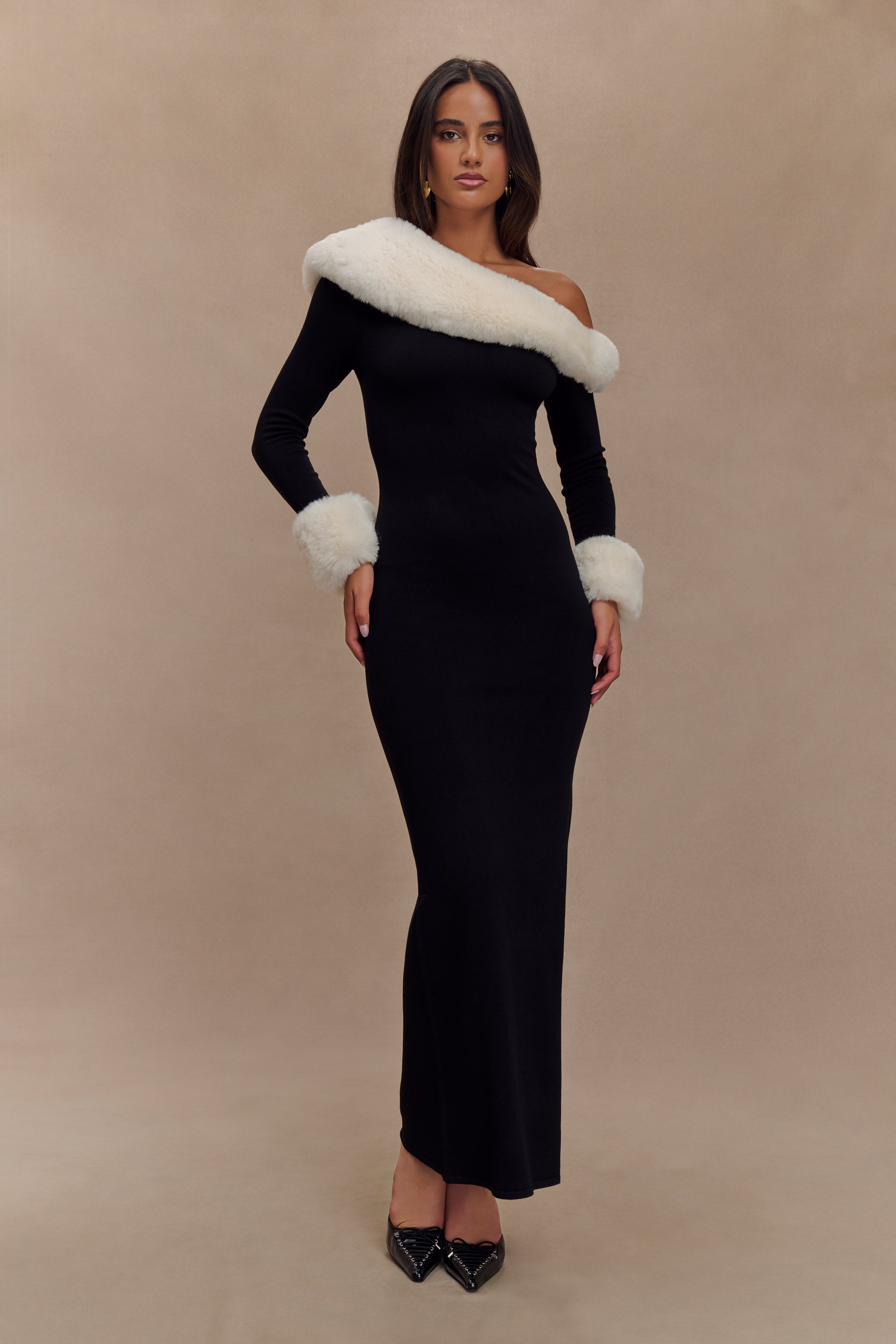 Faux Fur Knit Maxi Dress with Long Sleeves | Karleigh Black/White