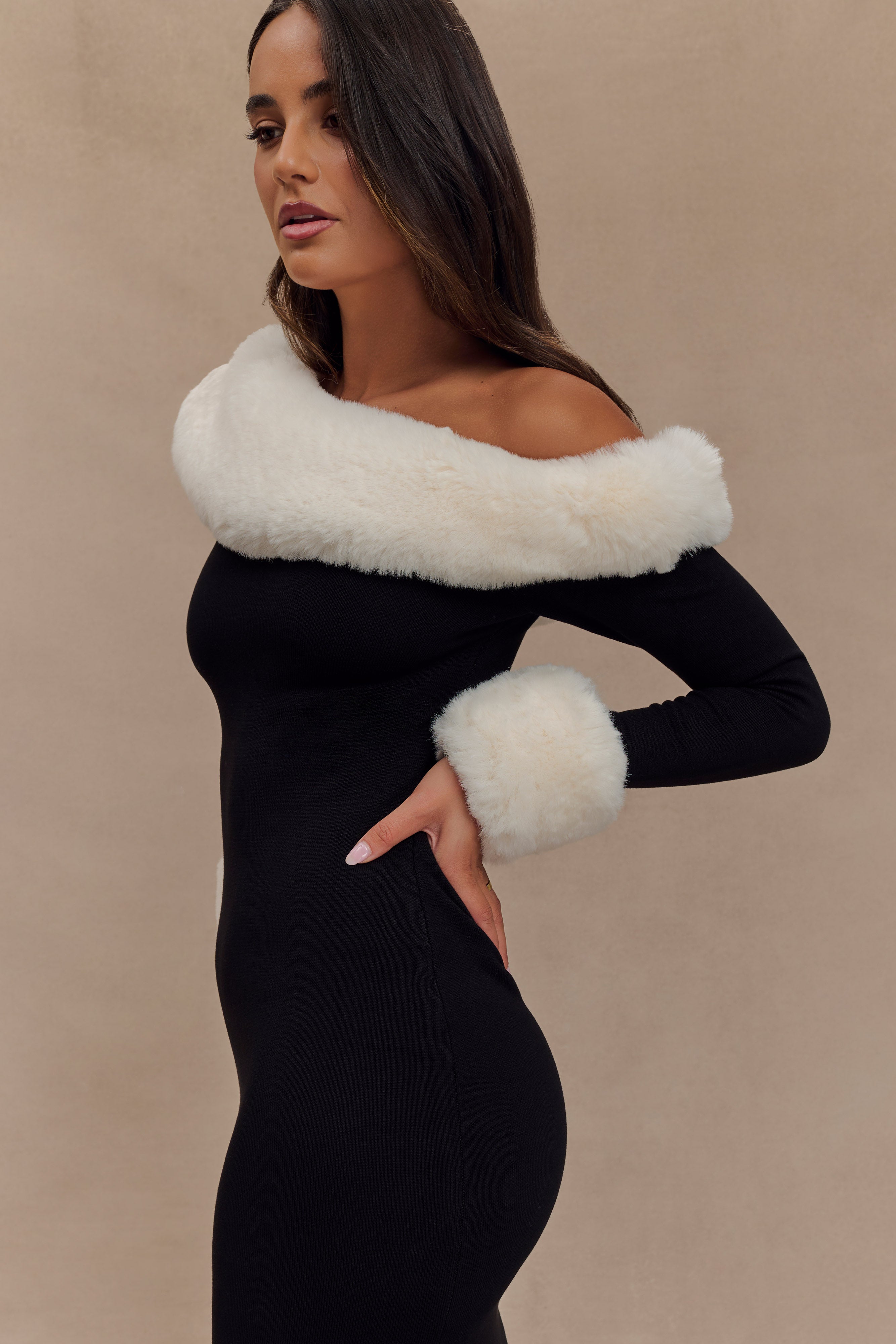 Faux Fur Knit Maxi Dress with Long Sleeves | Karleigh Black/White