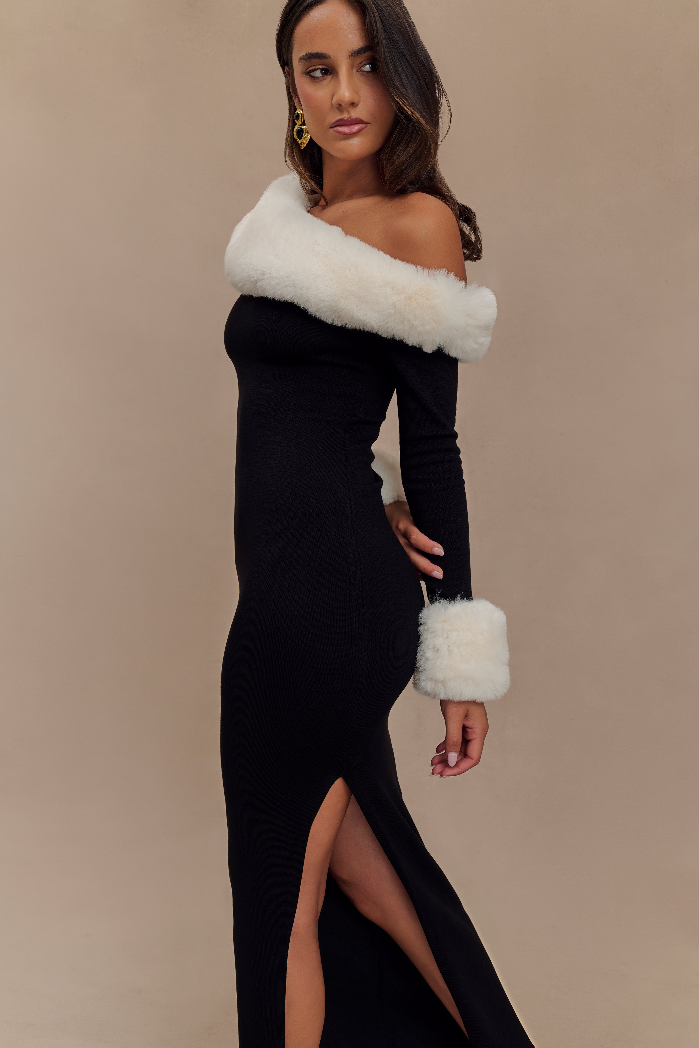 Faux Fur Knit Maxi Dress with Long Sleeves | Karleigh Black/White