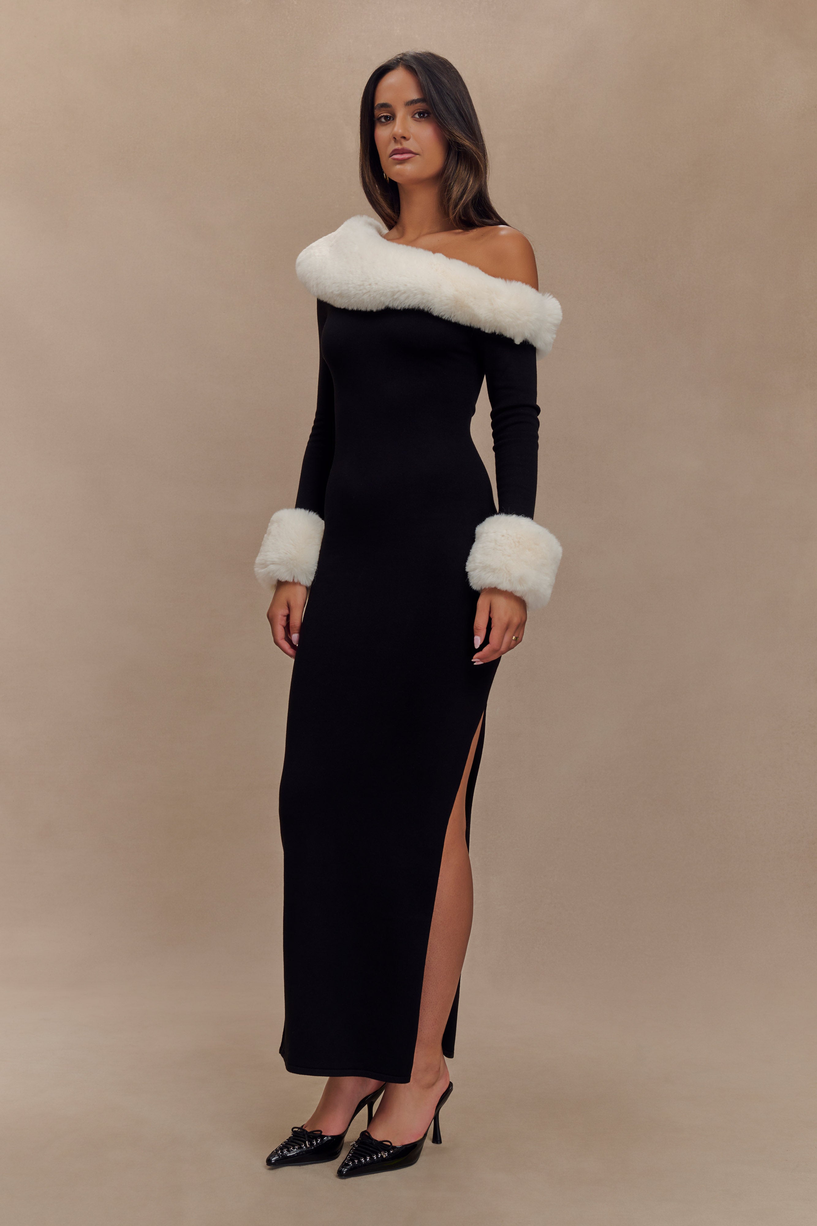 Faux Fur Knit Maxi Dress with Long Sleeves | Karleigh Black/White