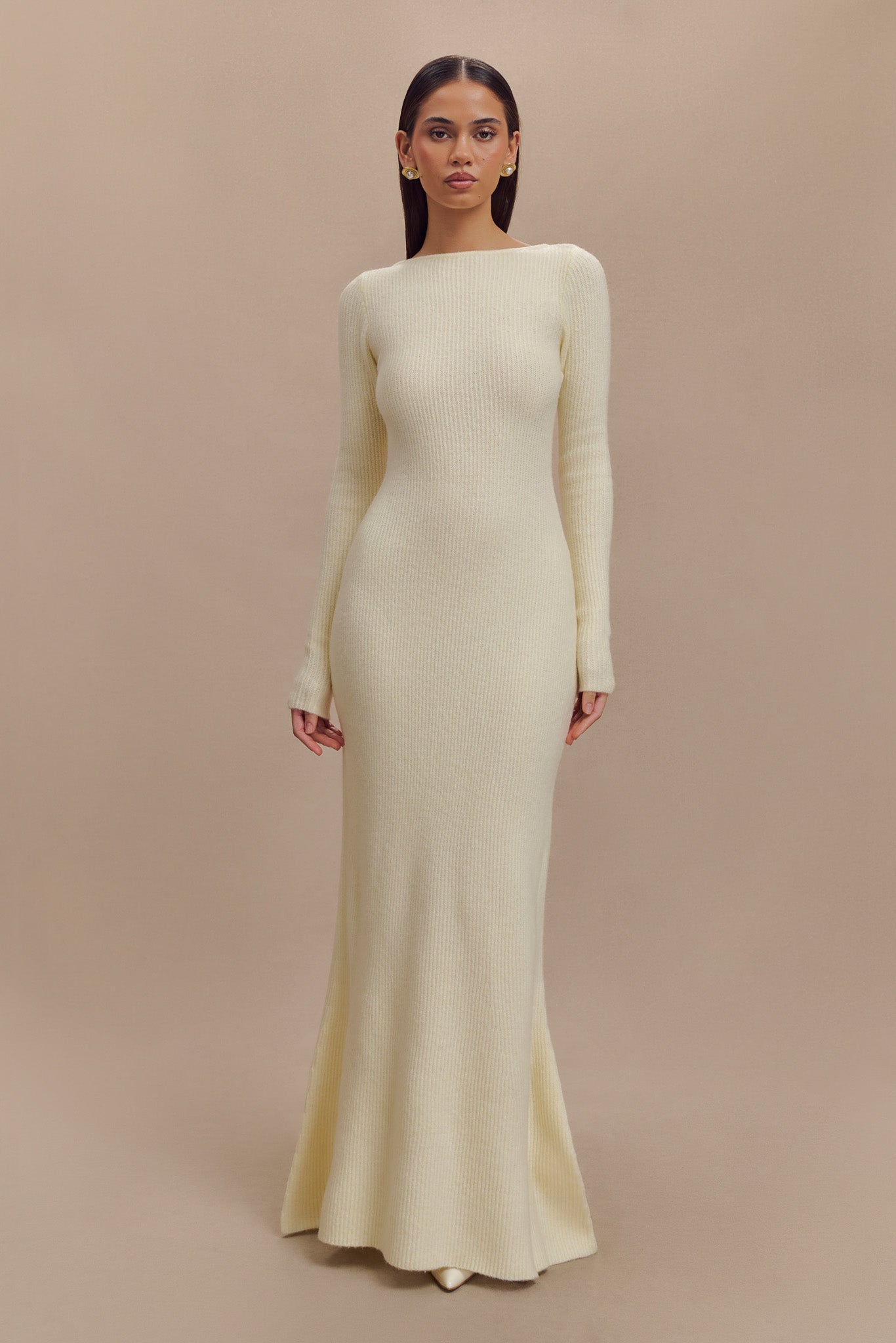 Elegant Long Sleeve Knit Maxi Dress with Keyhole Back | Emily Ivory