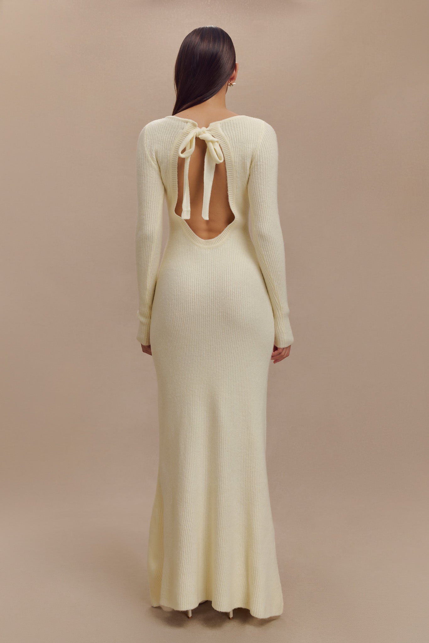 Elegant Long Sleeve Knit Maxi Dress with Keyhole Back | Emily Ivory