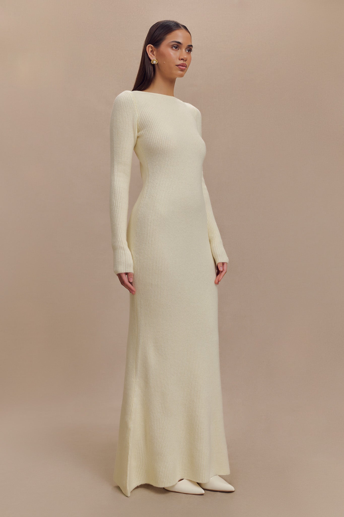 Elegant Long Sleeve Knit Maxi Dress with Keyhole Back | Emily Ivory