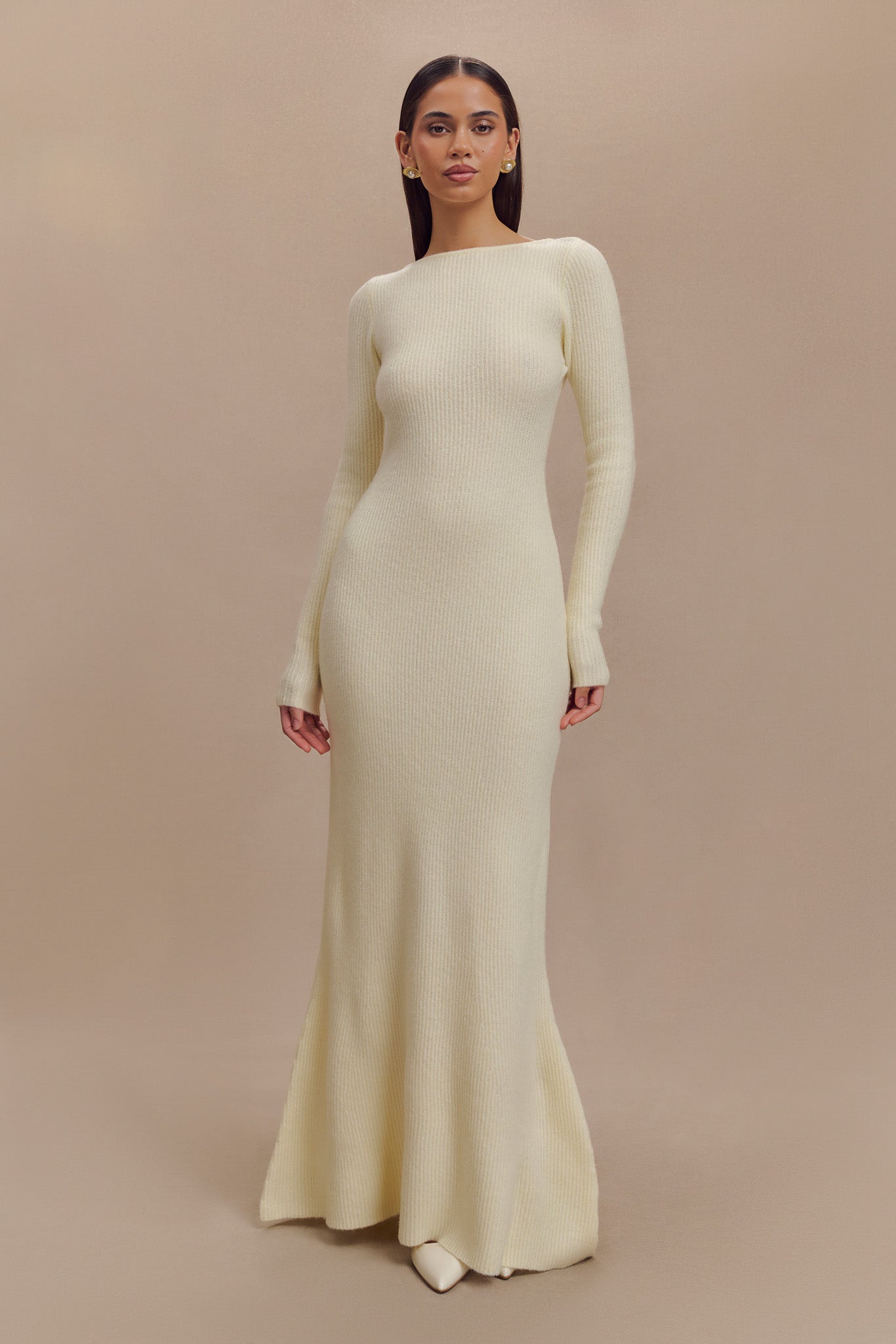 Elegant Long Sleeve Knit Maxi Dress with Keyhole Back | Emily Ivory
