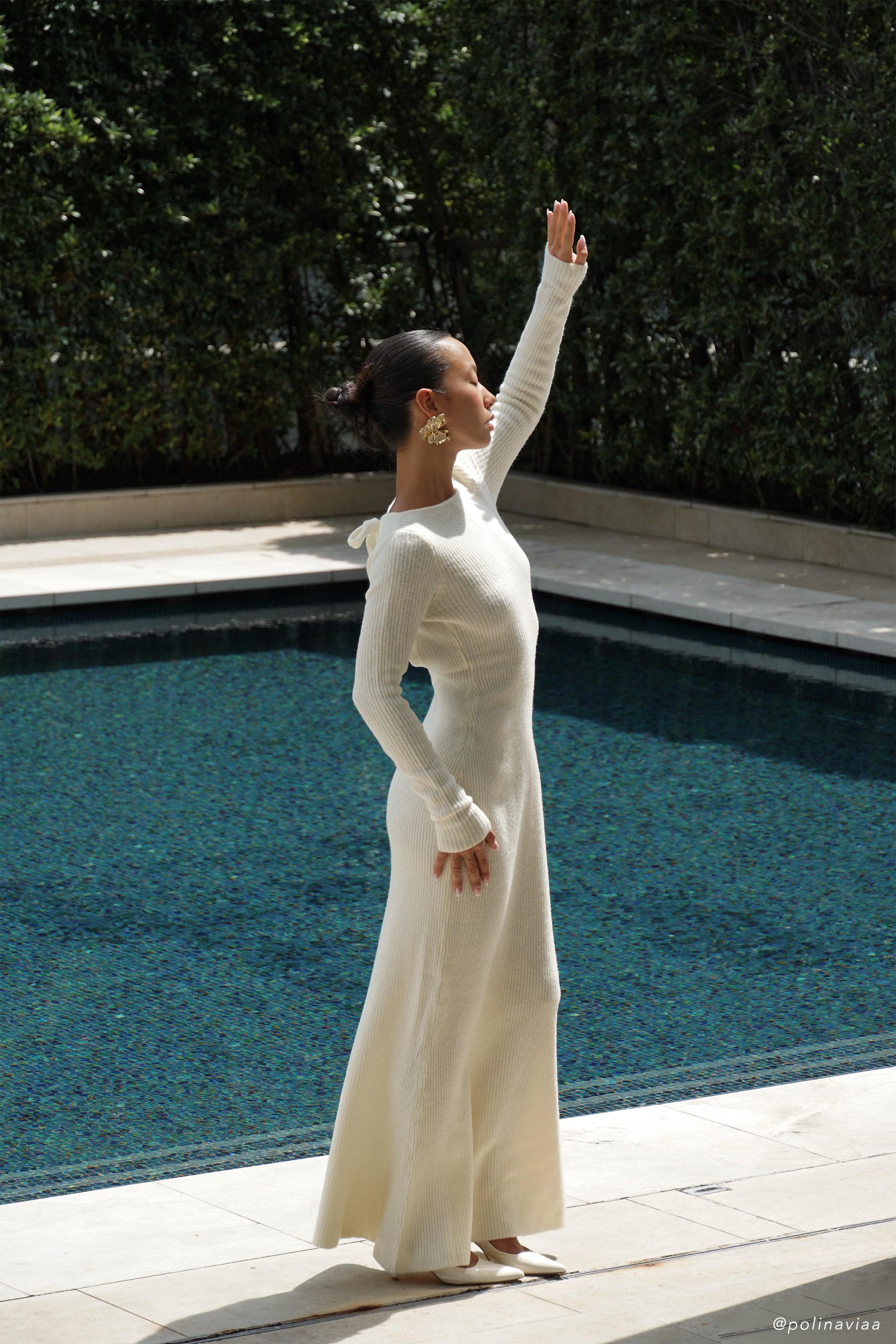 Elegant Long Sleeve Knit Maxi Dress with Keyhole Back | Emily Ivory