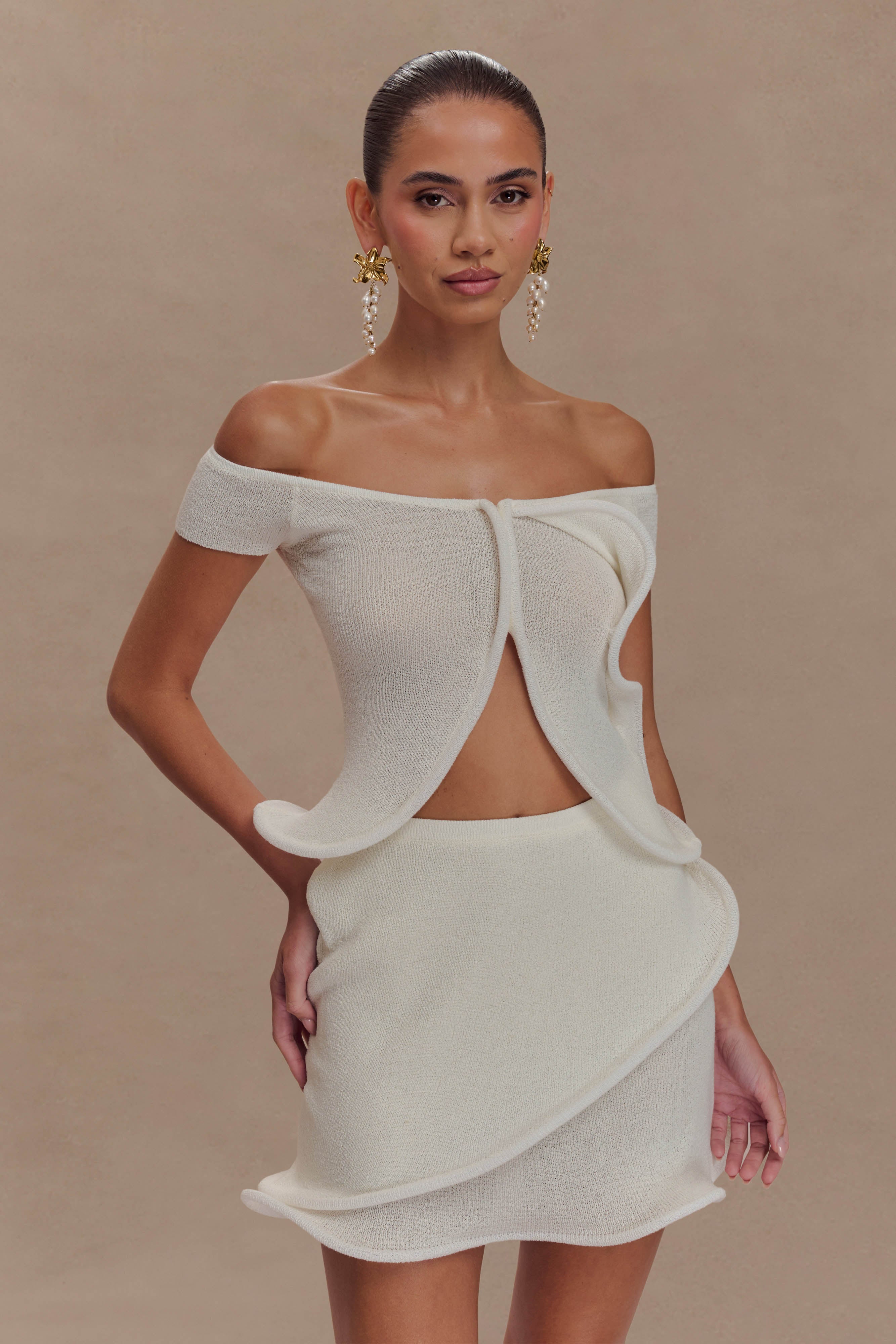 Off Shoulder Knit Top with Button Front & Ripple Hem | Haisley Ivory
