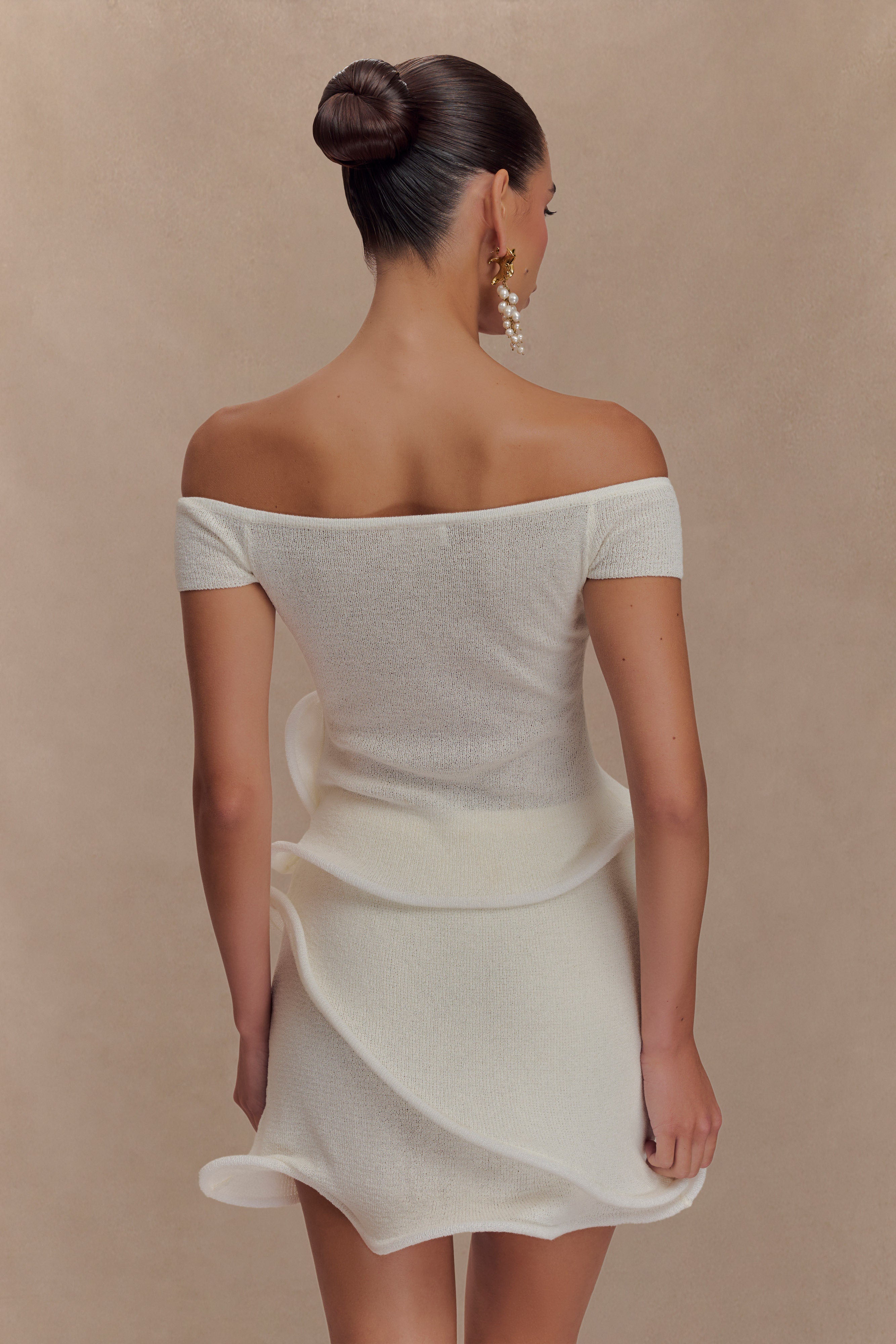 Off Shoulder Knit Top with Button Front & Ripple Hem | Haisley Ivory