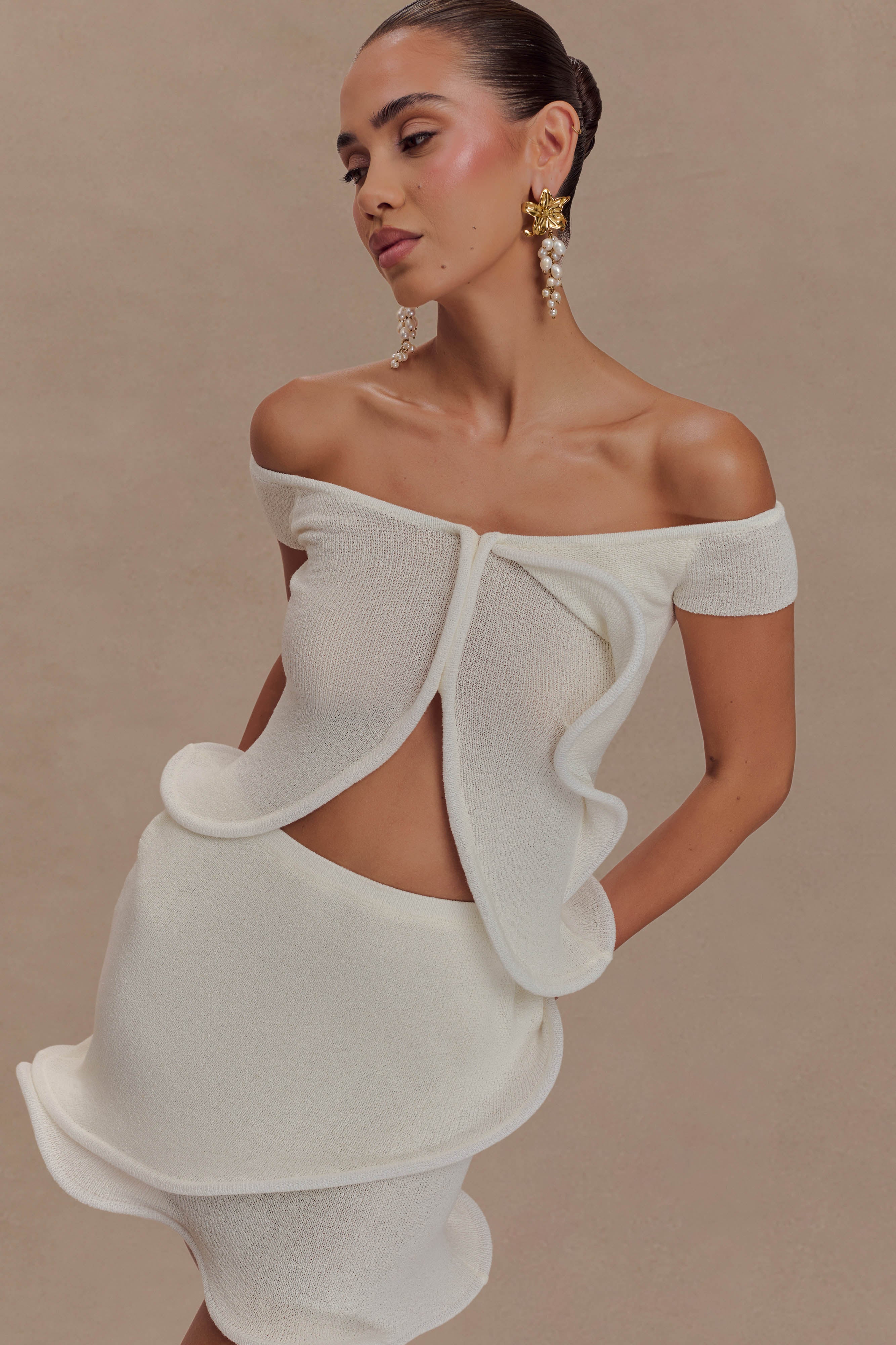 Off Shoulder Knit Top with Button Front & Ripple Hem | Haisley Ivory