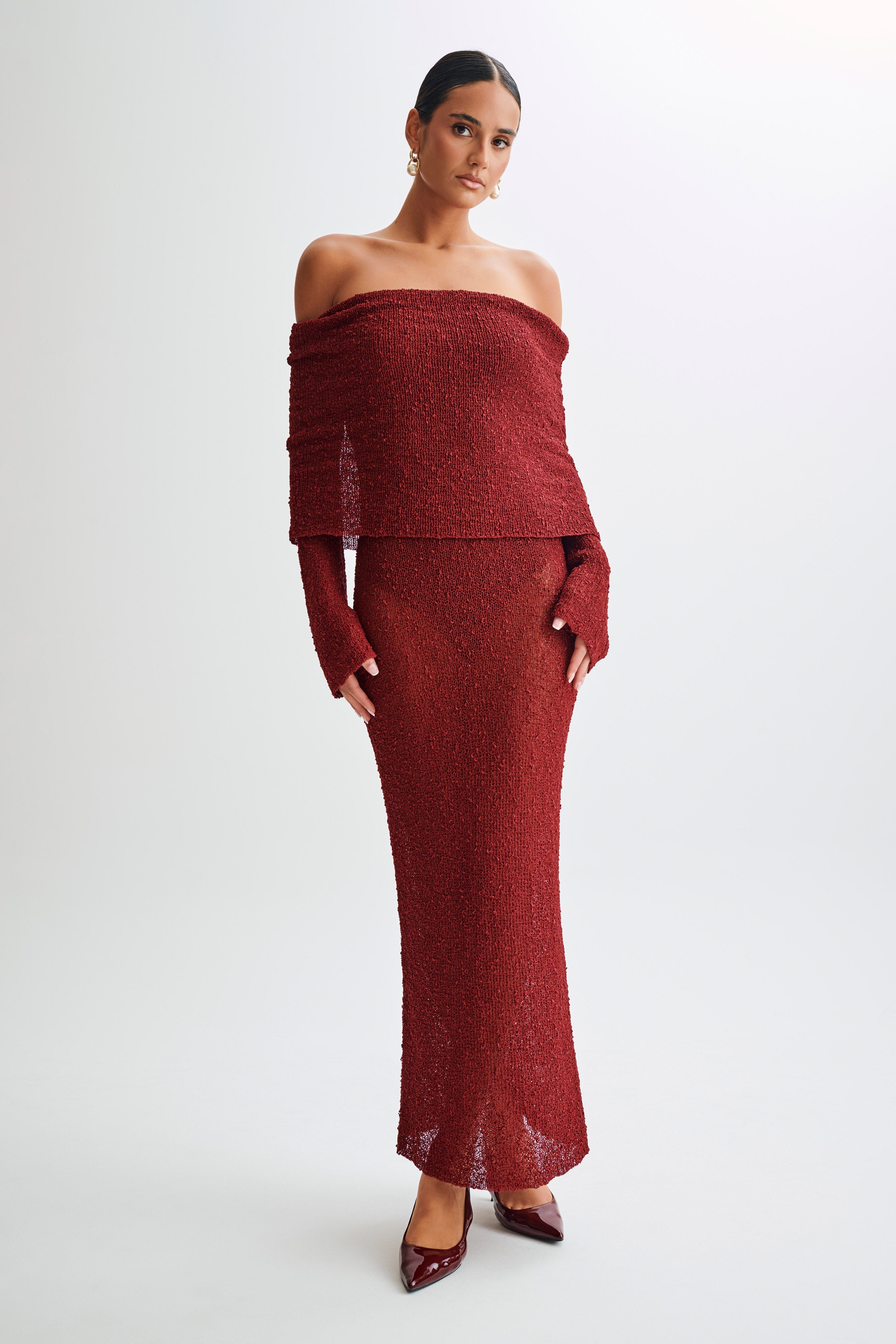 Off Shoulder Boucle Maxi Dress with Flared Sleeves | Marisol