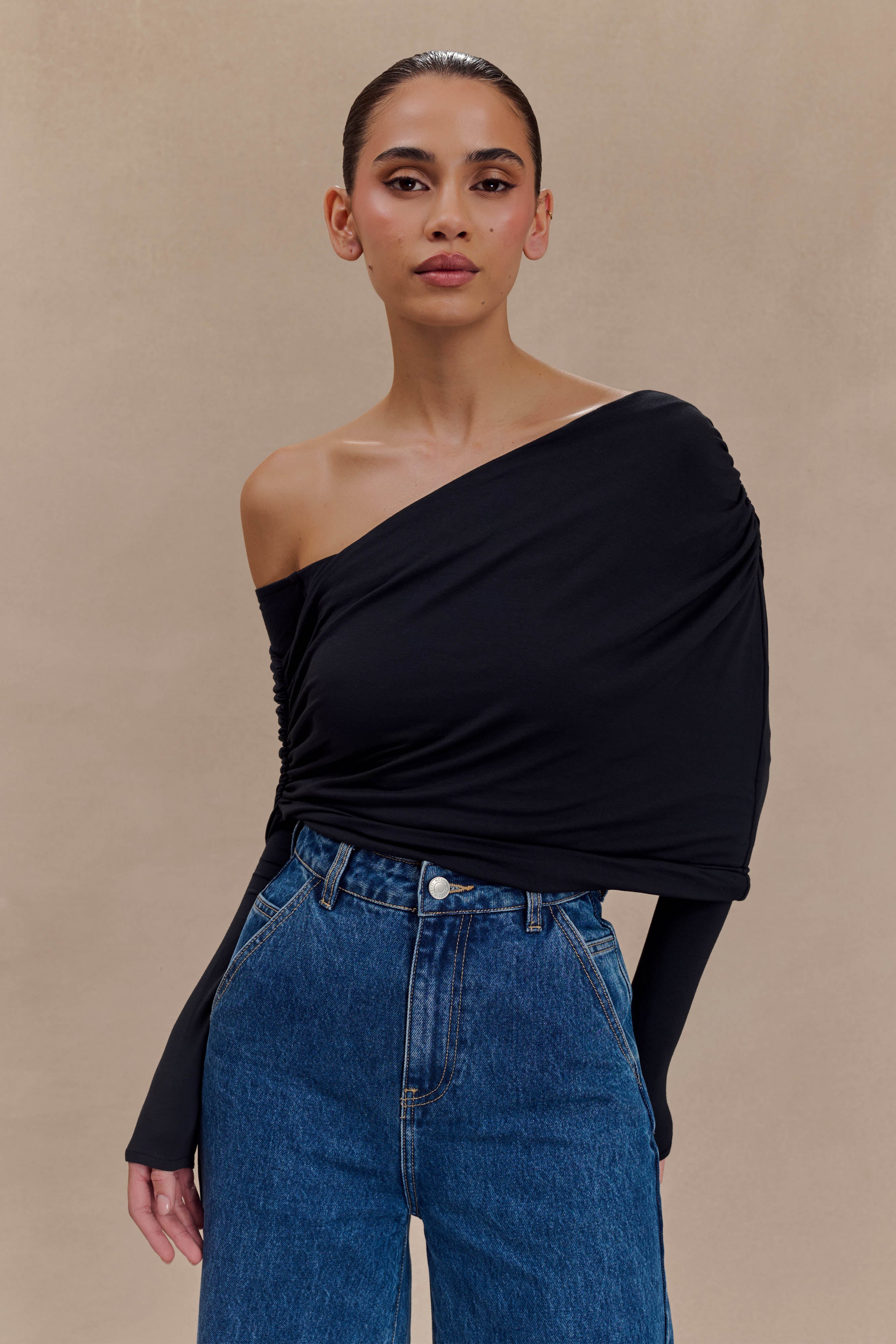 Modal One Shoulder Top with Ruched Detail | Corinna Black