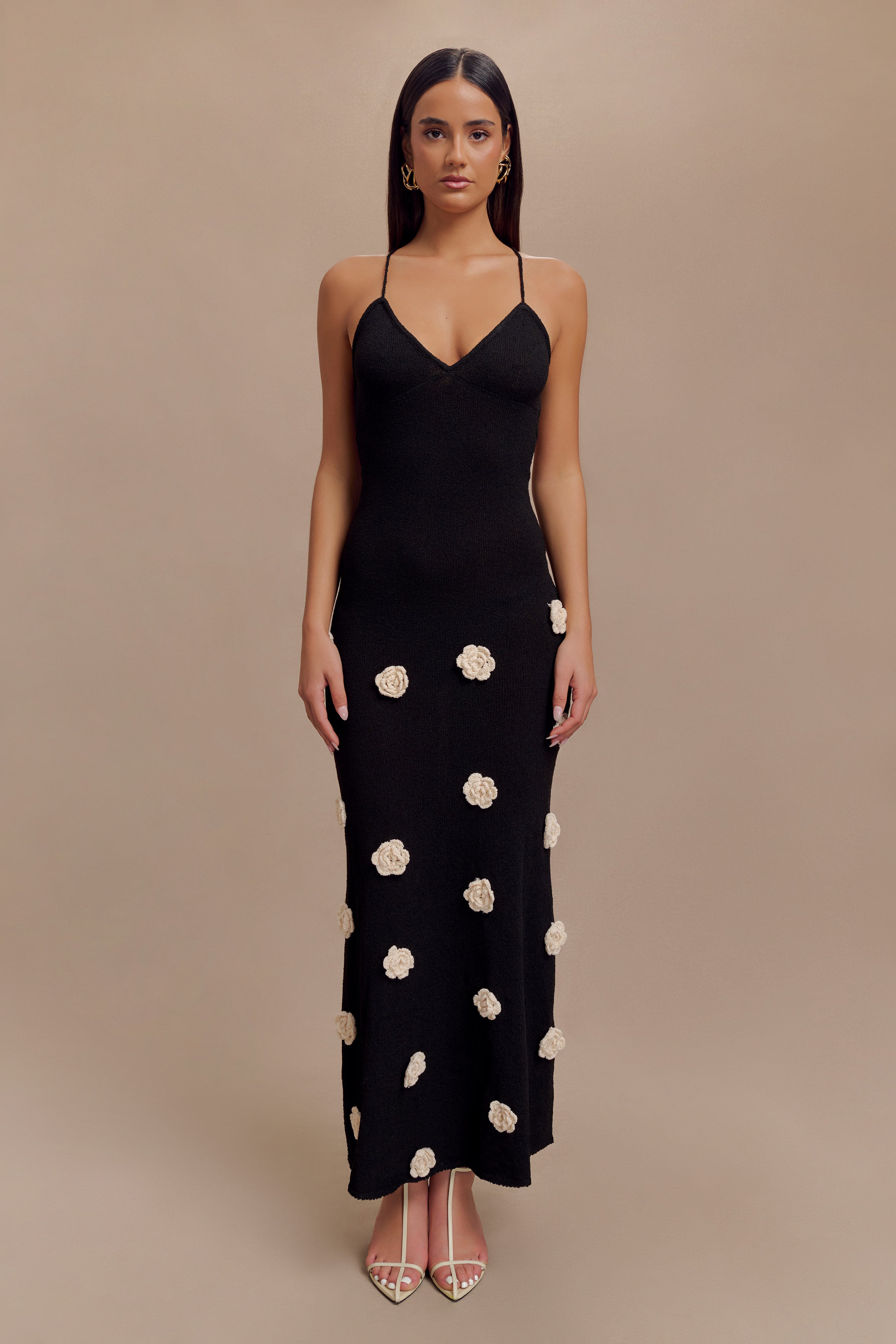 Floral Knit Maxi Dress with V Neckline & Crisscross Straps | Suki