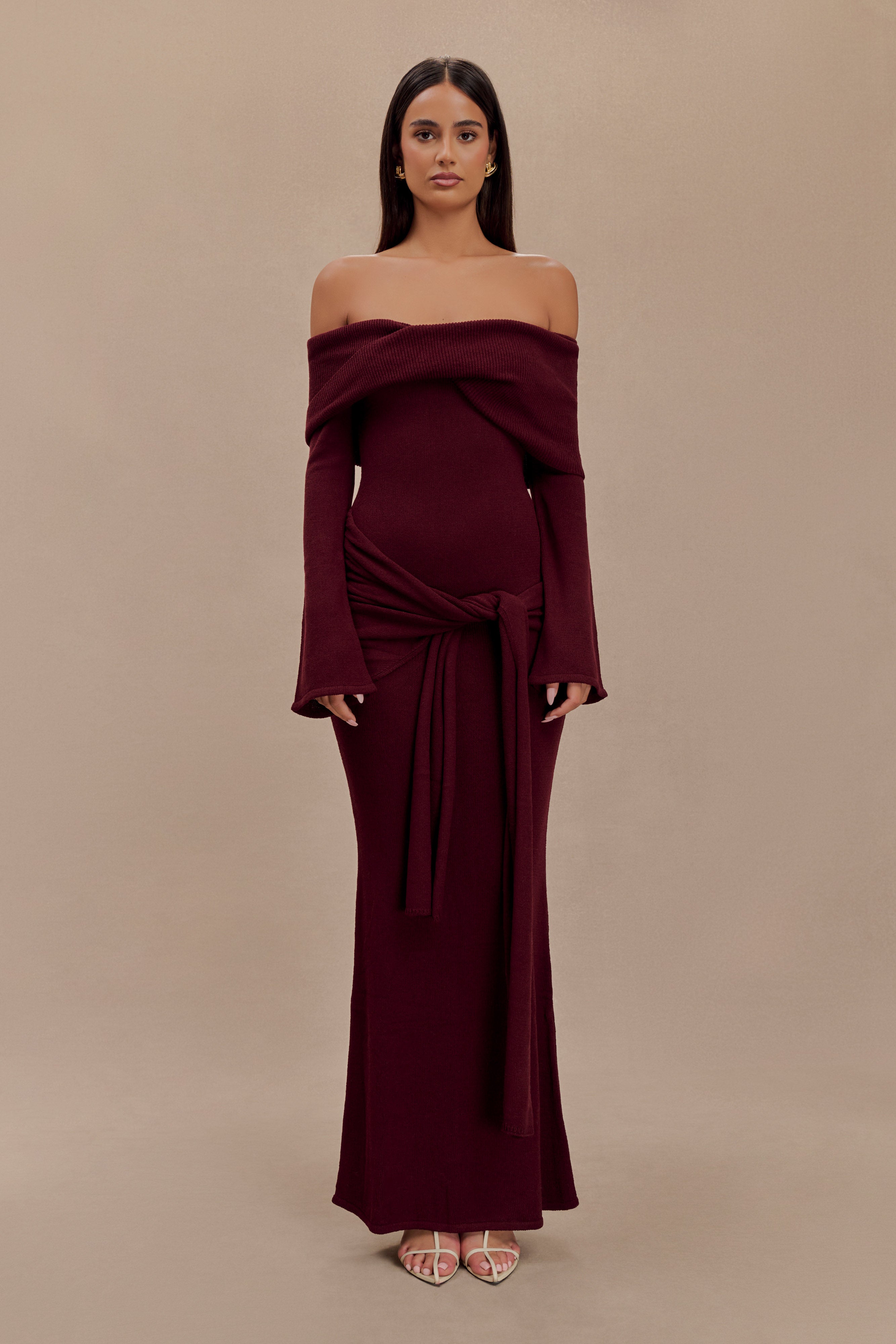 Off Shoulder Maxi Dress with Twist Front & Fishtail Hem | Cameron