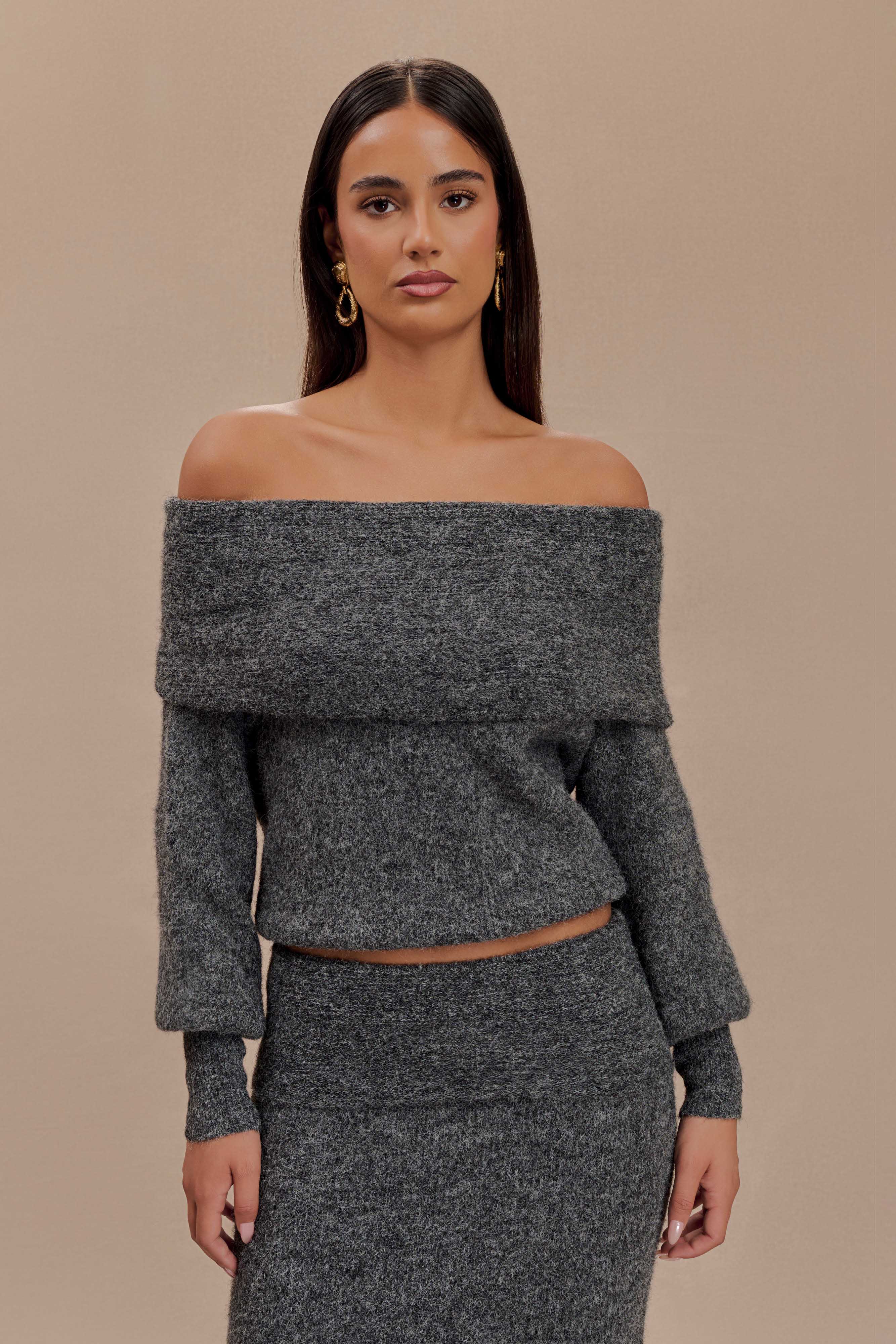 Off Shoulder Knit Top with Long Sleeves & Bardot Neckline | Charlotte