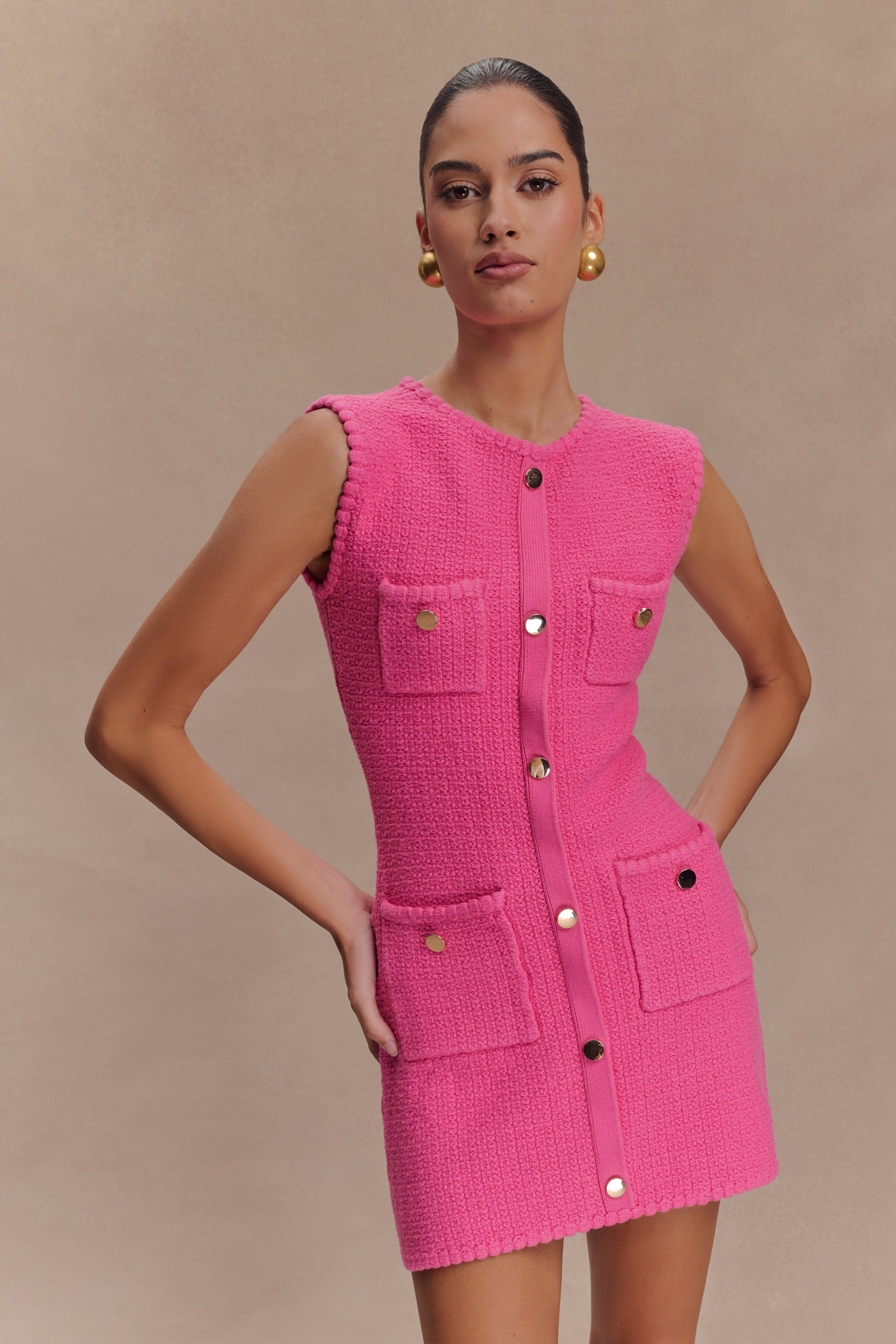 Knit Mini Dress with Pockets & Boat Neckline | MIA Pink