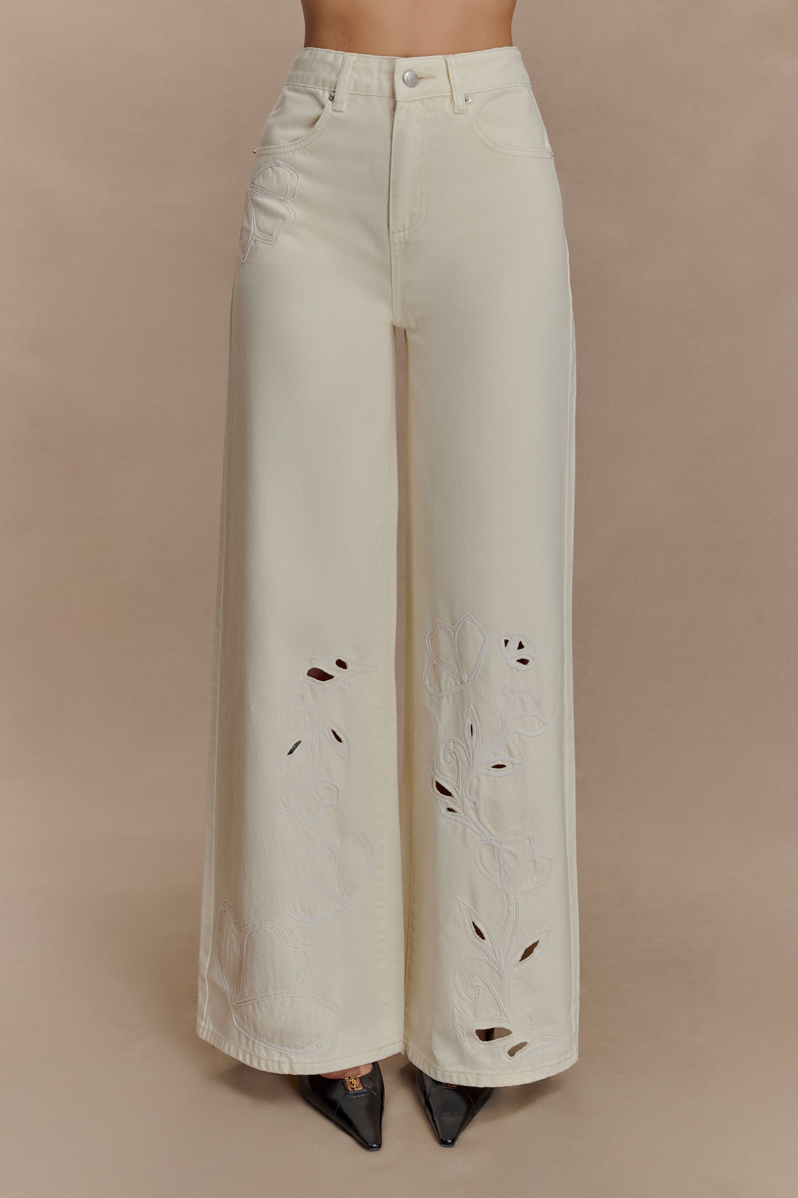 Embroidered High Waist Straight Leg Jeans | Carmella