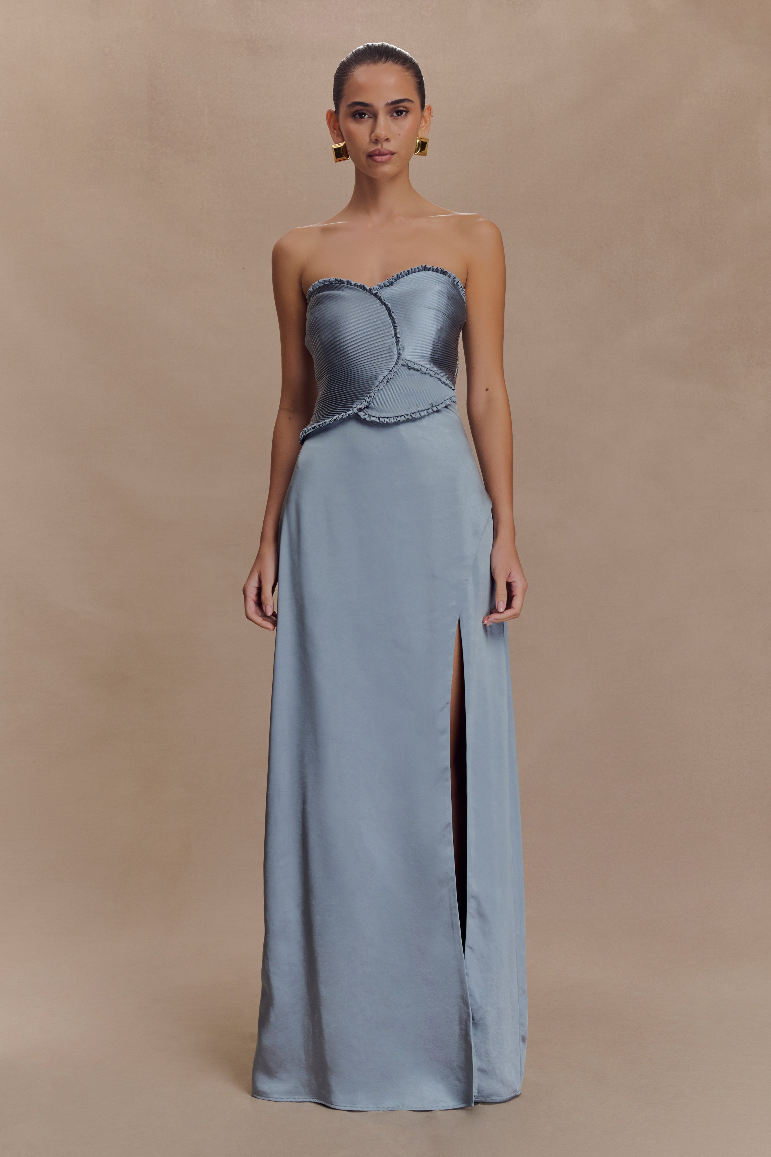 Strapless Satin Maxi Dress with Ruched Petals & Leg Split | Larissa