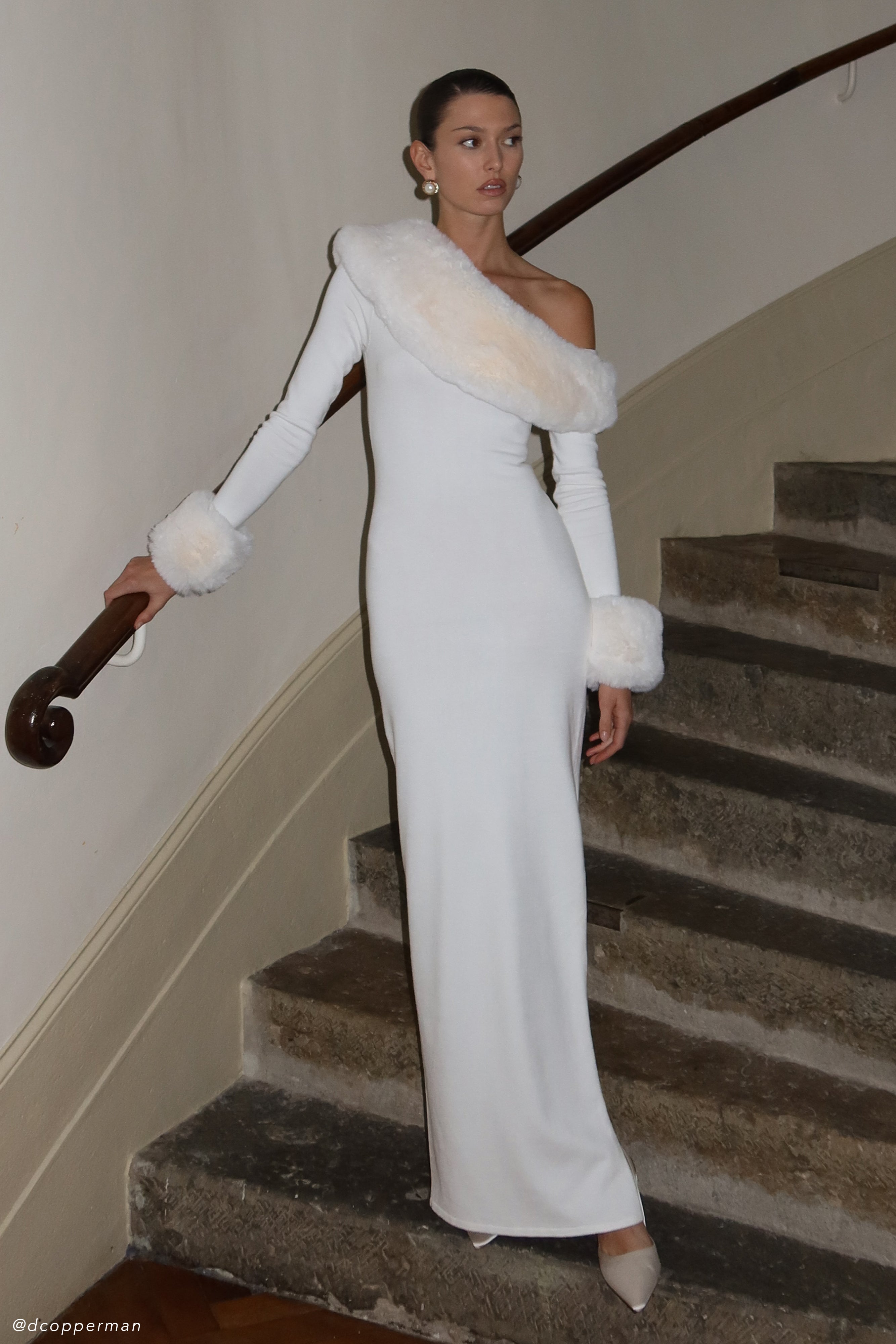 Faux Fur Knit Maxi Dress with Long Sleeves & Asymmetrical Neckline | Karleigh