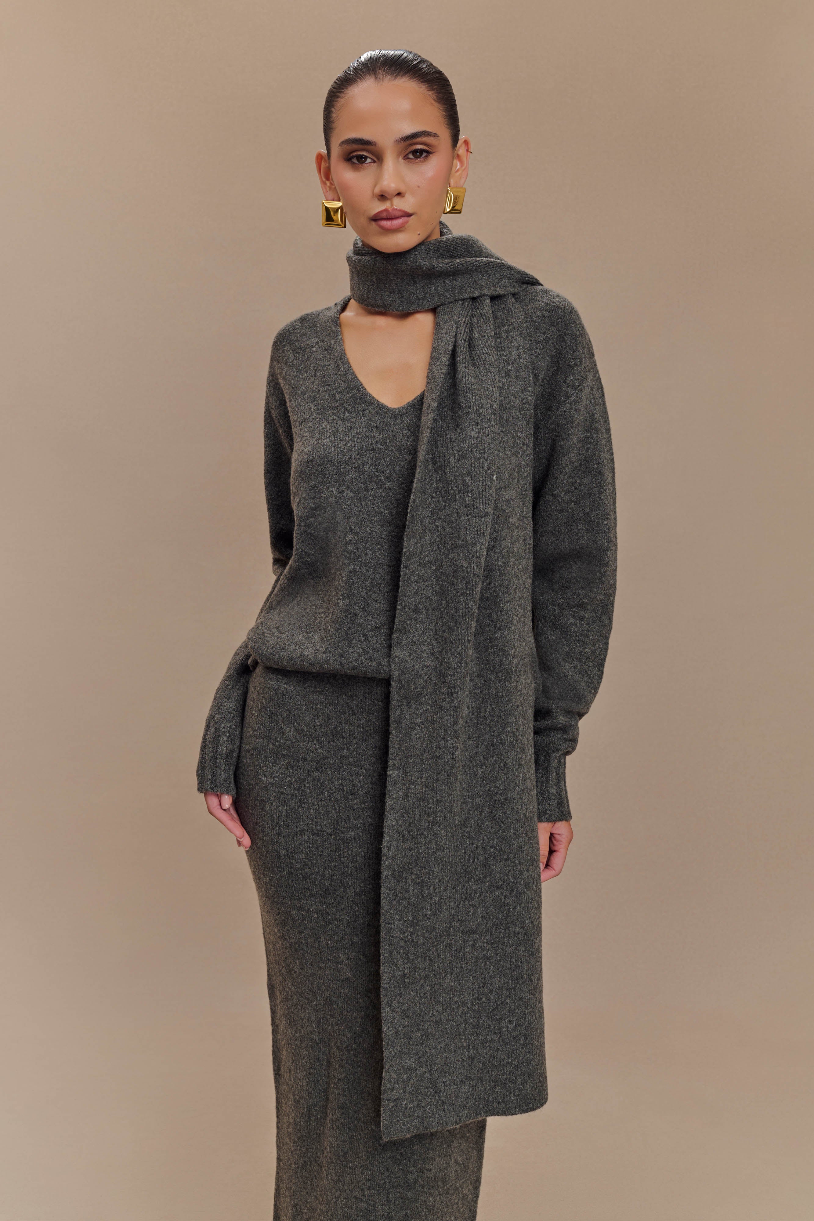Ella V Neck Knit Jumper with Scarf | Soft & Stylish for Layering