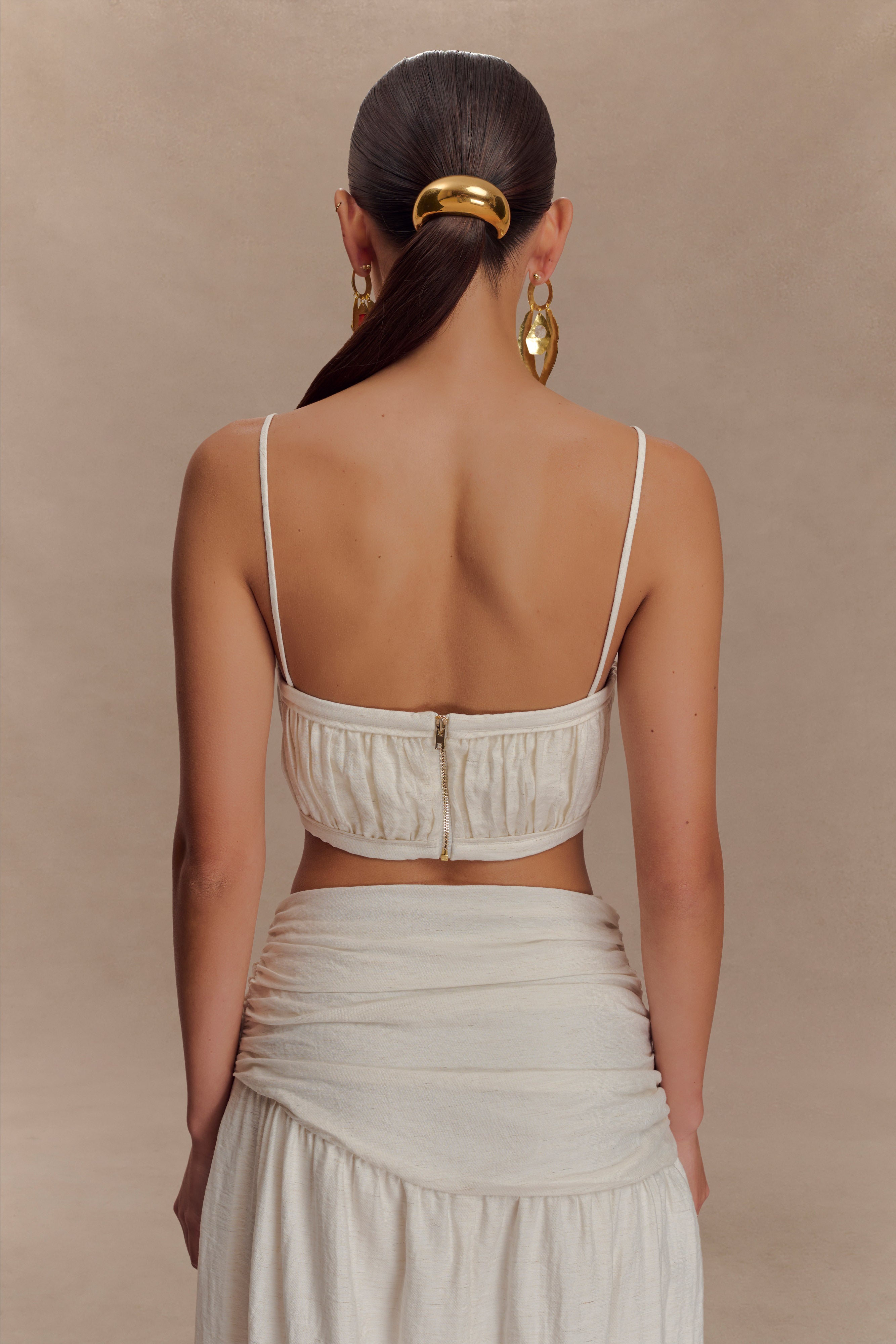Shirred Linen Bandeau Top with Adjustable Straps | Scottie Oat Marle