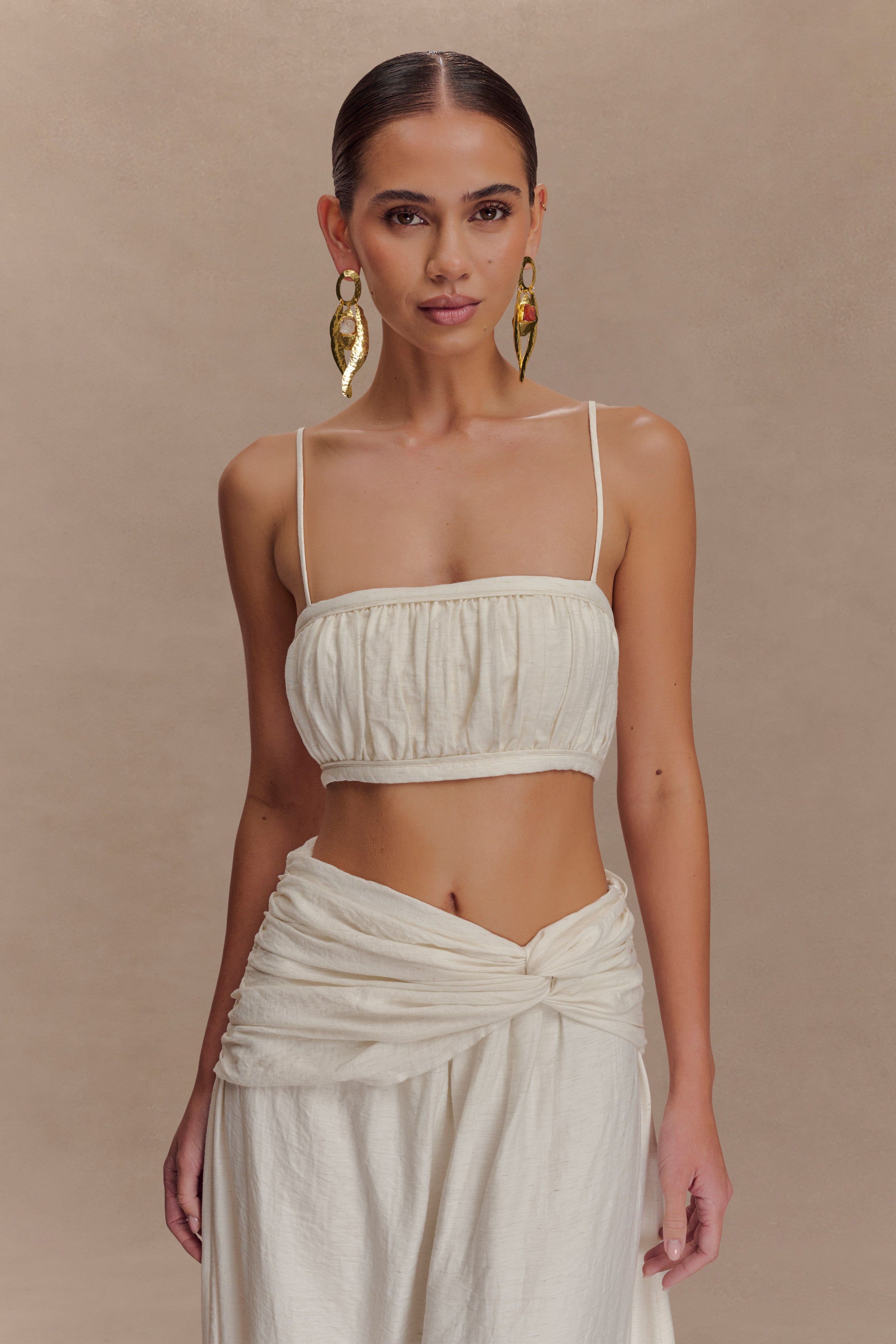 Shirred Linen Bandeau Top with Adjustable Straps | Scottie Oat Marle