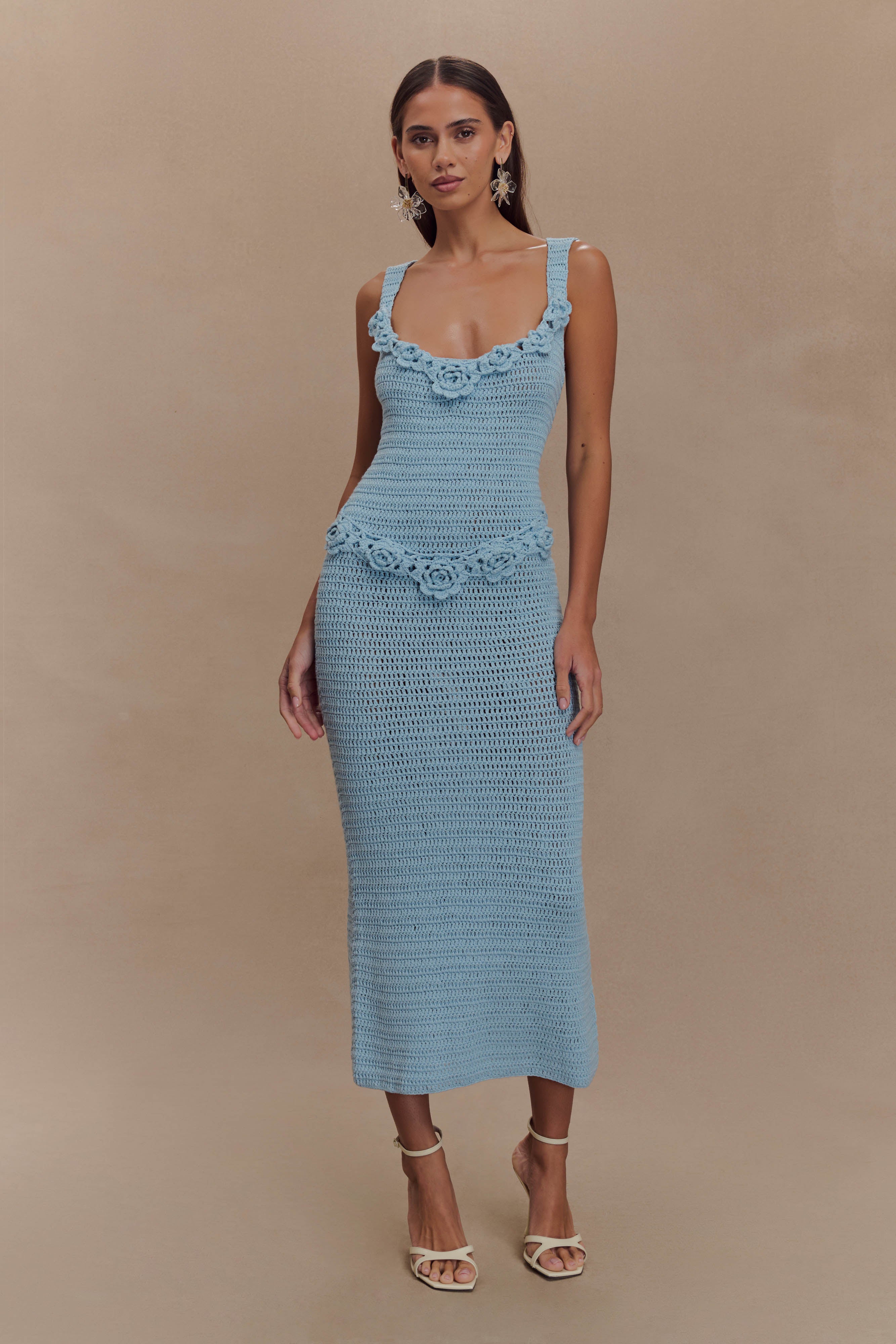 Hand Crochet Floral Midi Dress with Sweetheart Neckline | Teagan