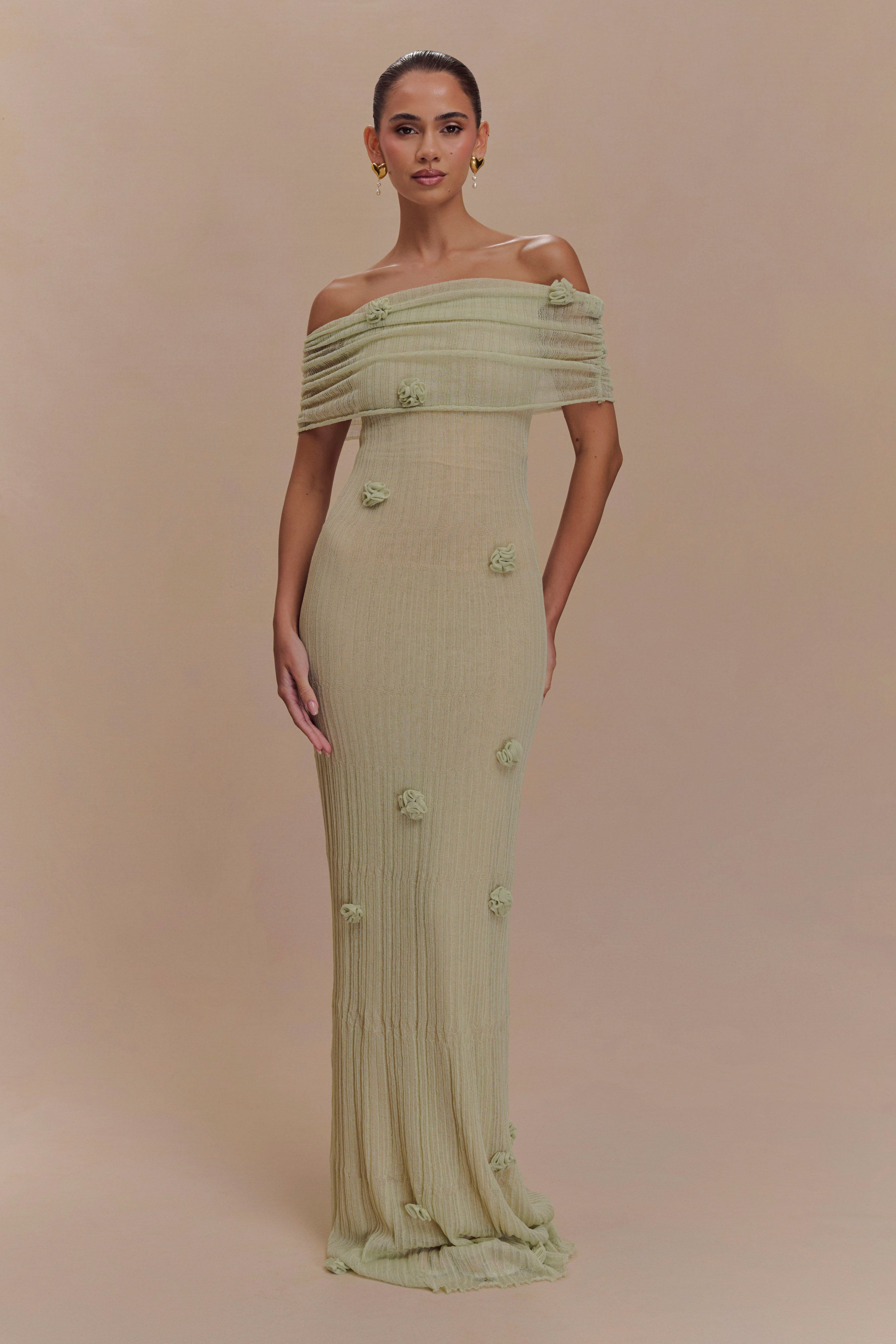 Off-the-Shoulder Knit Maxi Dress with Floral Appliqués | Brynn