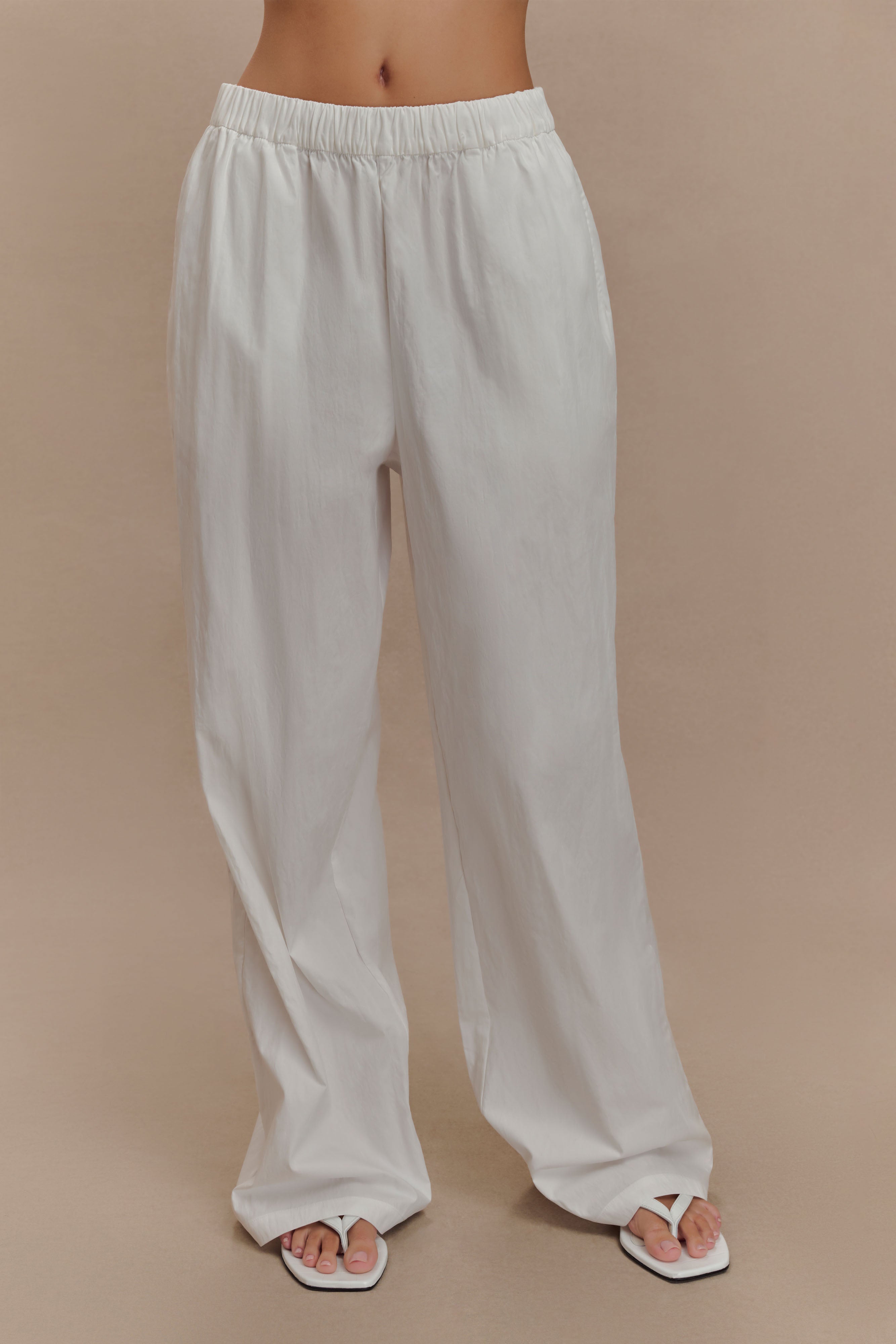 Wide Leg Cotton Pants for Women | Campbell White Elastic Waist