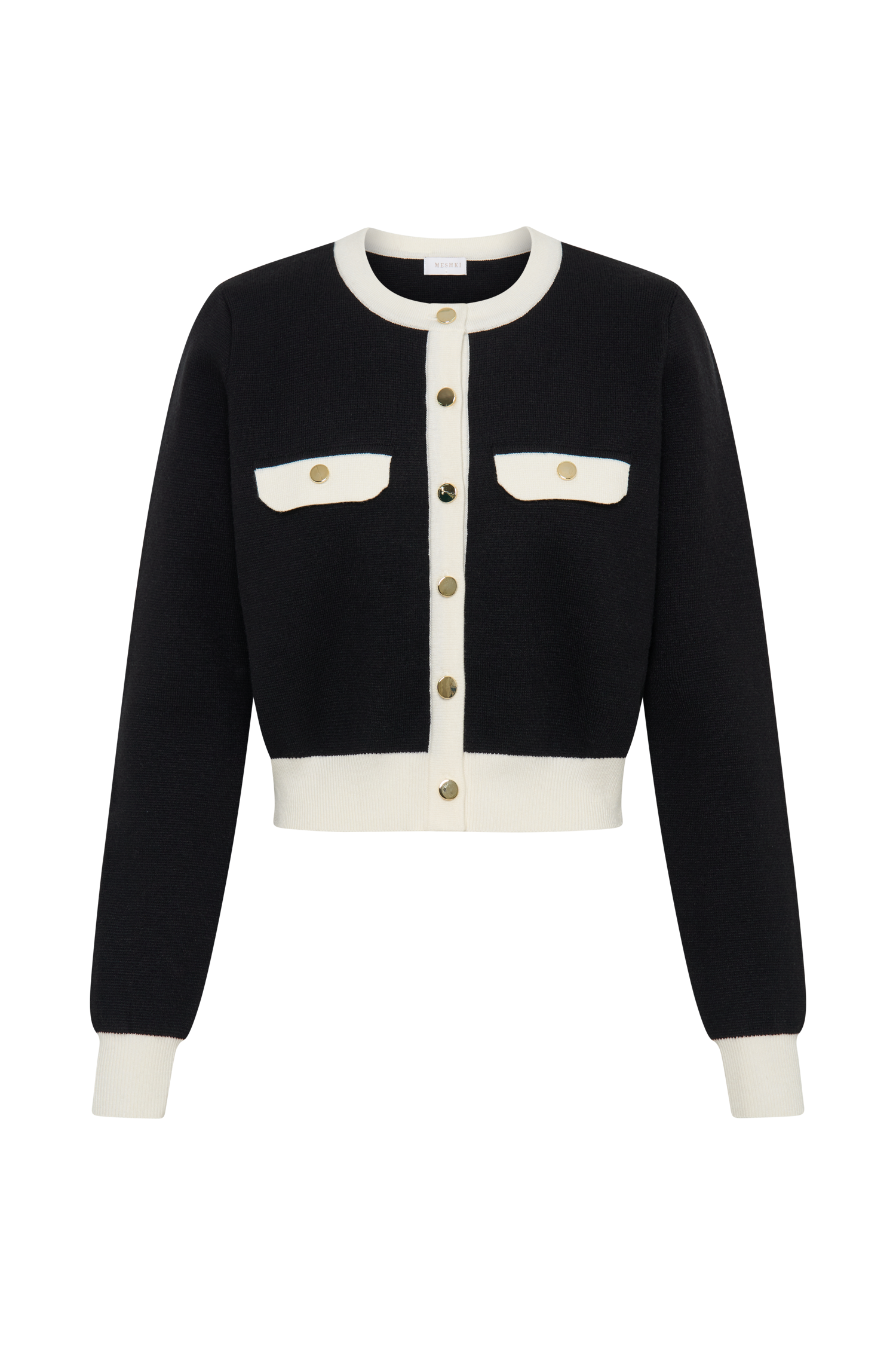 Contrast Knit Cardigan with Gold Buttons & Mock Pockets | Tabitha