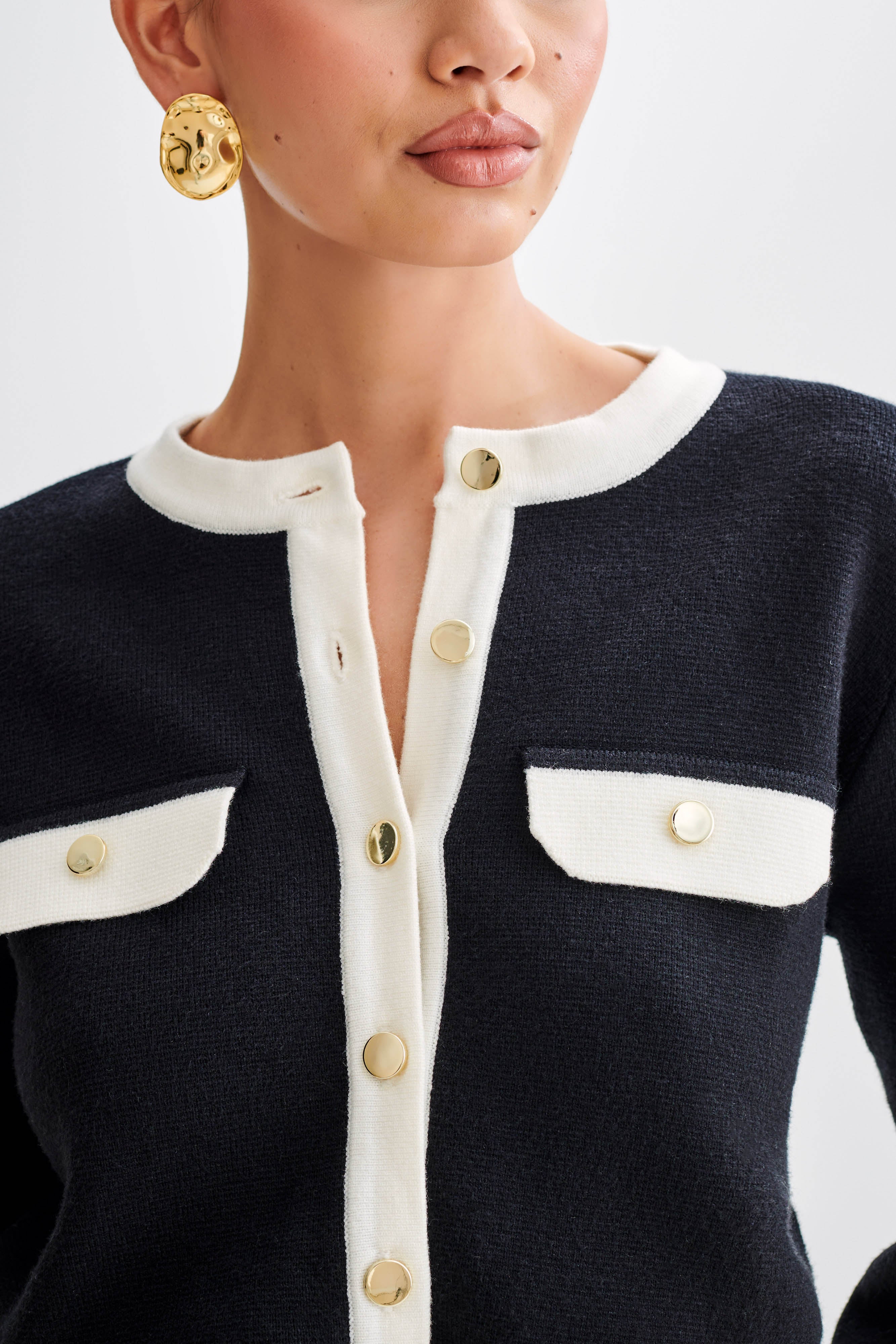 Contrast Knit Cardigan with Gold Buttons & Mock Pockets | Tabitha