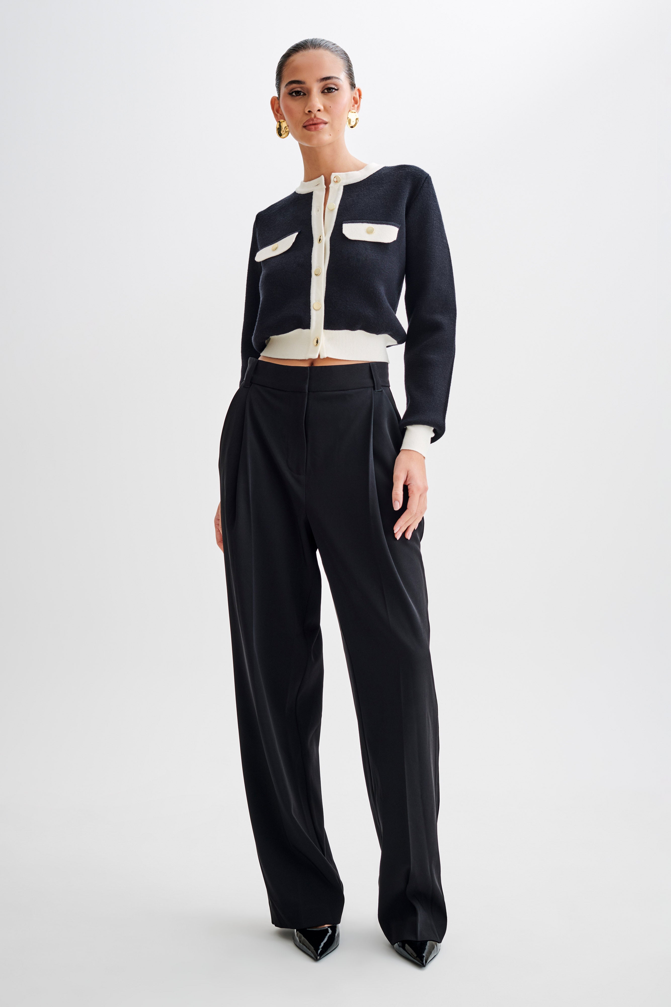 Contrast Knit Cardigan with Gold Buttons & Mock Pockets | Tabitha