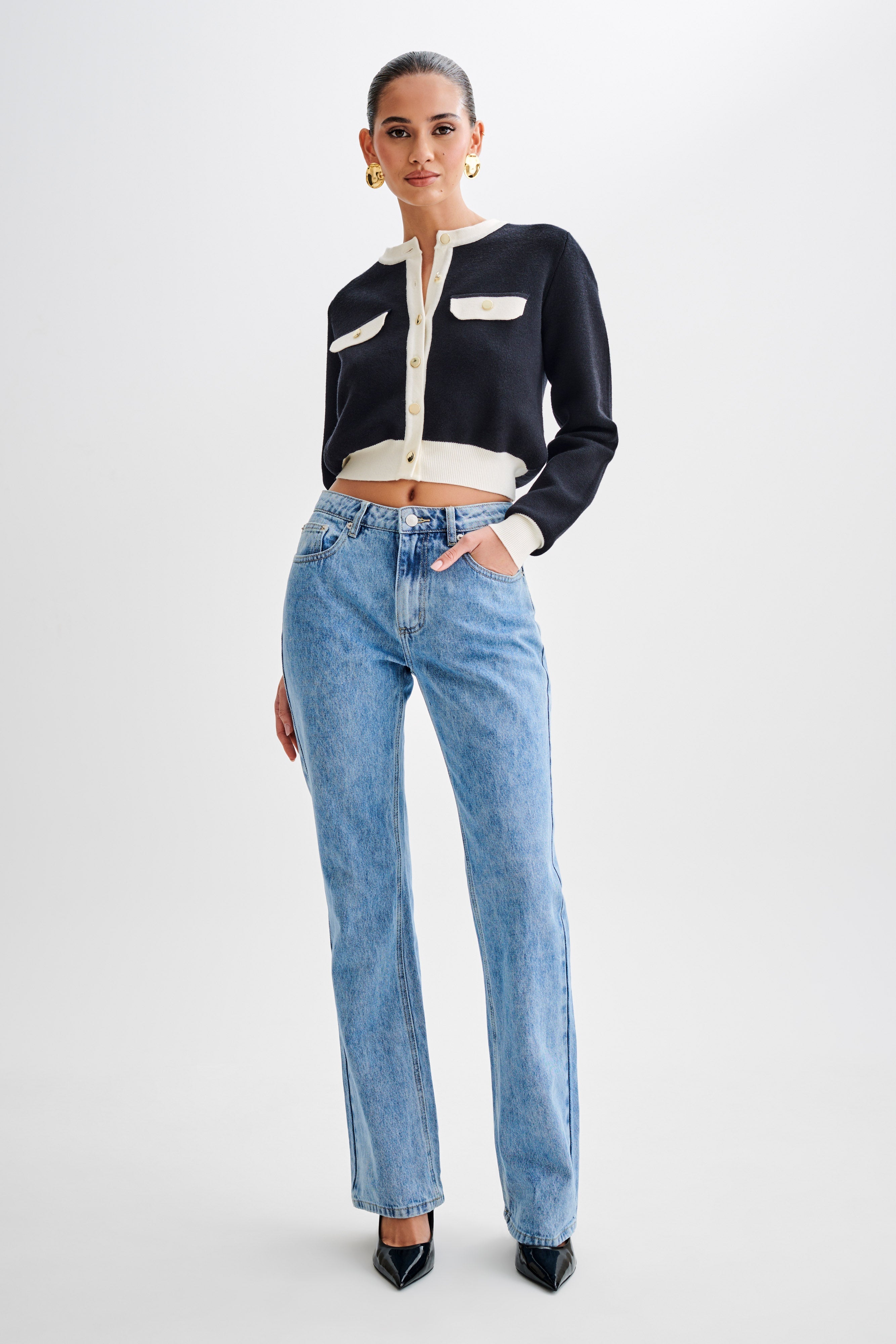 Contrast Knit Cardigan with Gold Buttons & Mock Pockets | Tabitha