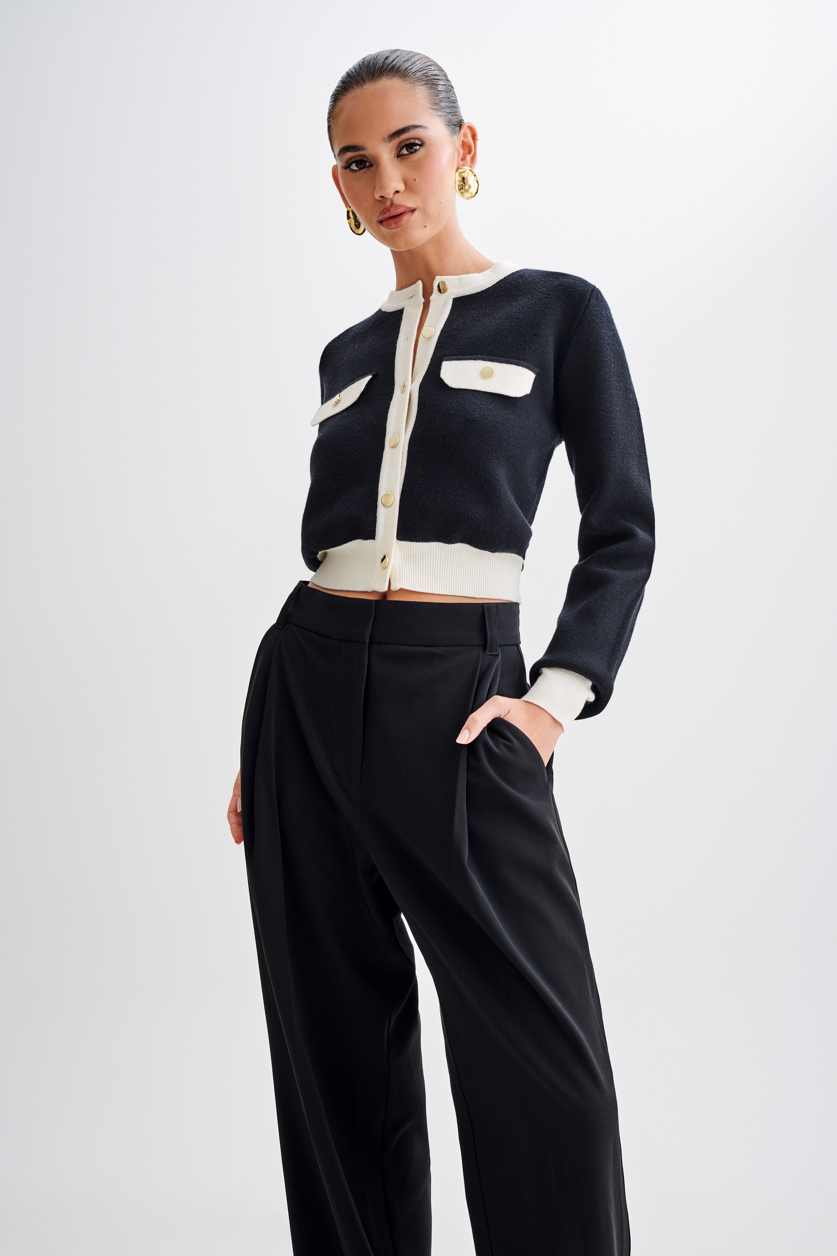 Contrast Knit Cardigan with Gold Buttons & Mock Pockets | Tabitha
