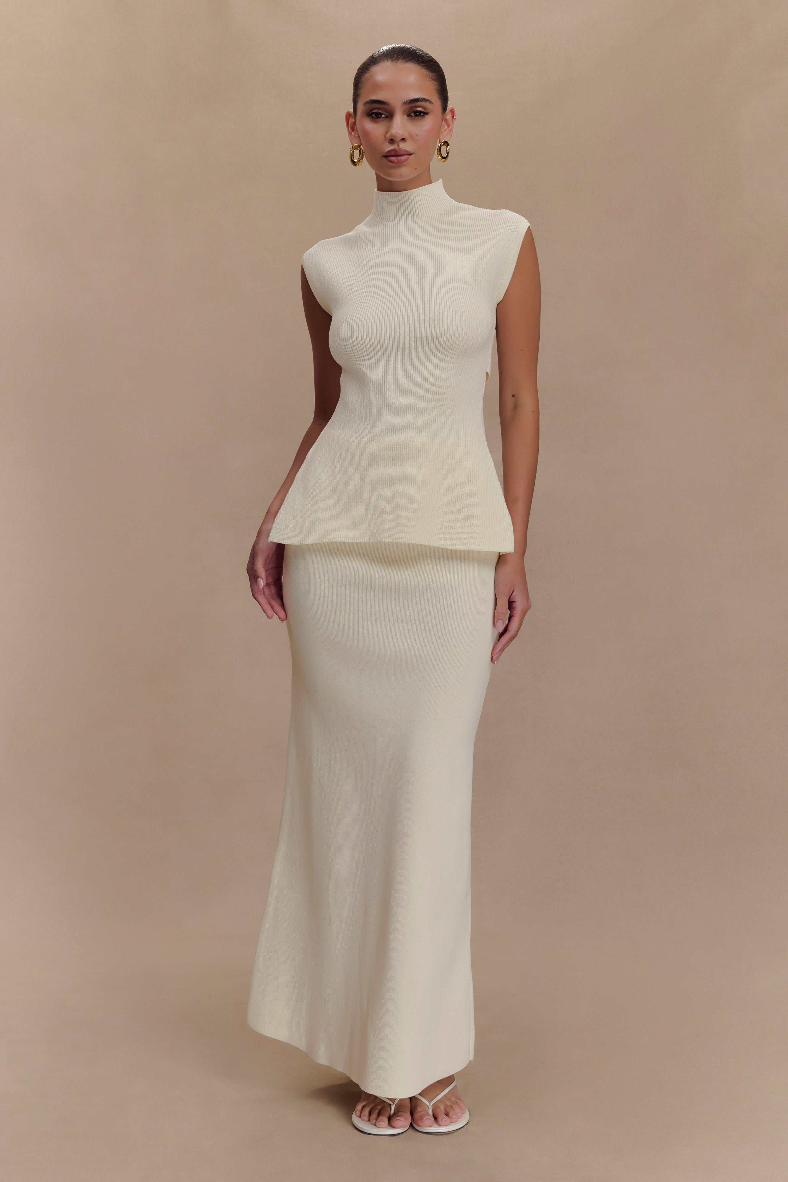 Knit Maxi Skirt with High Waist & Ribbed Fabric | Maxine Ivory