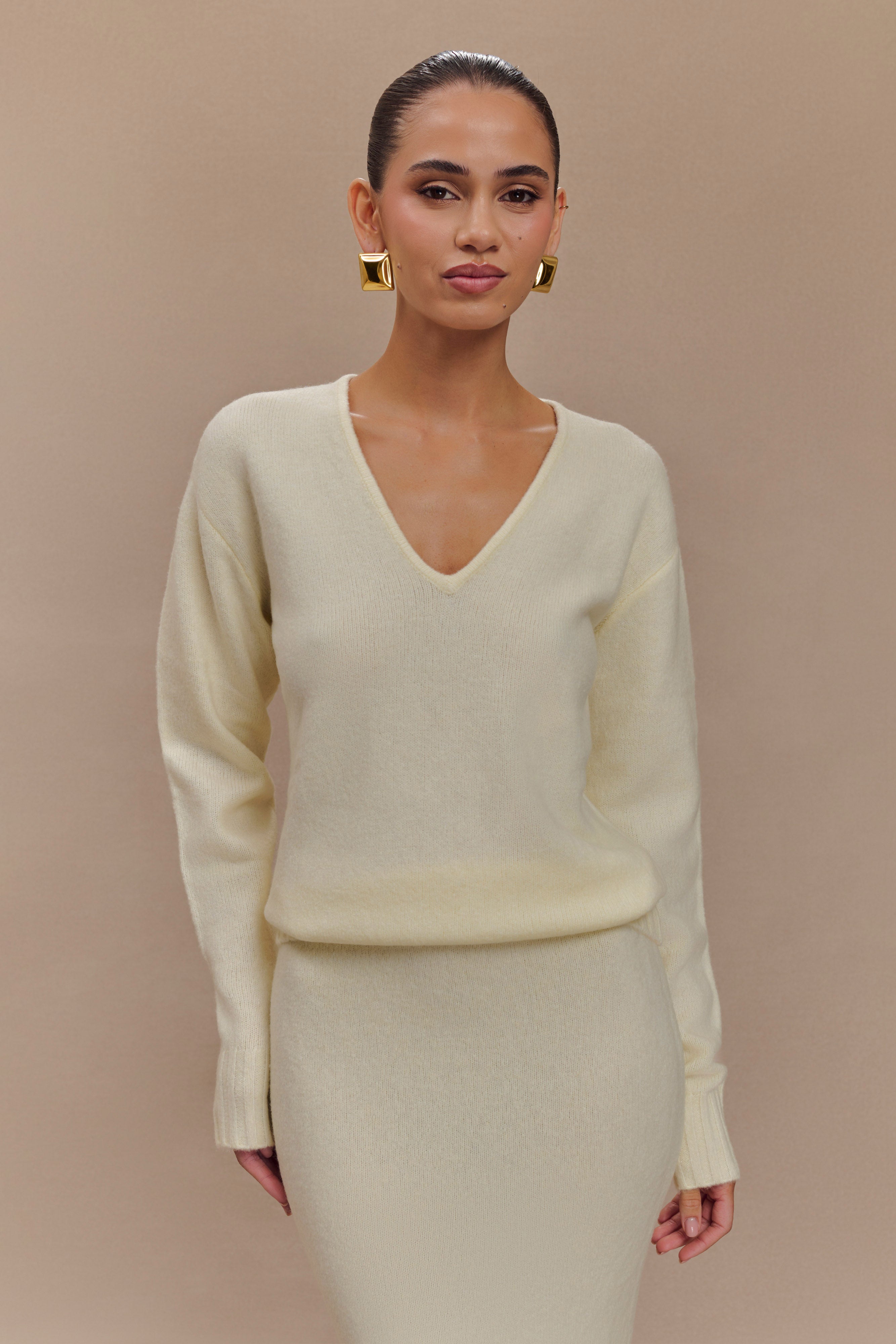 Ella V Neck Knit Jumper with Scarf | Ivory Marle