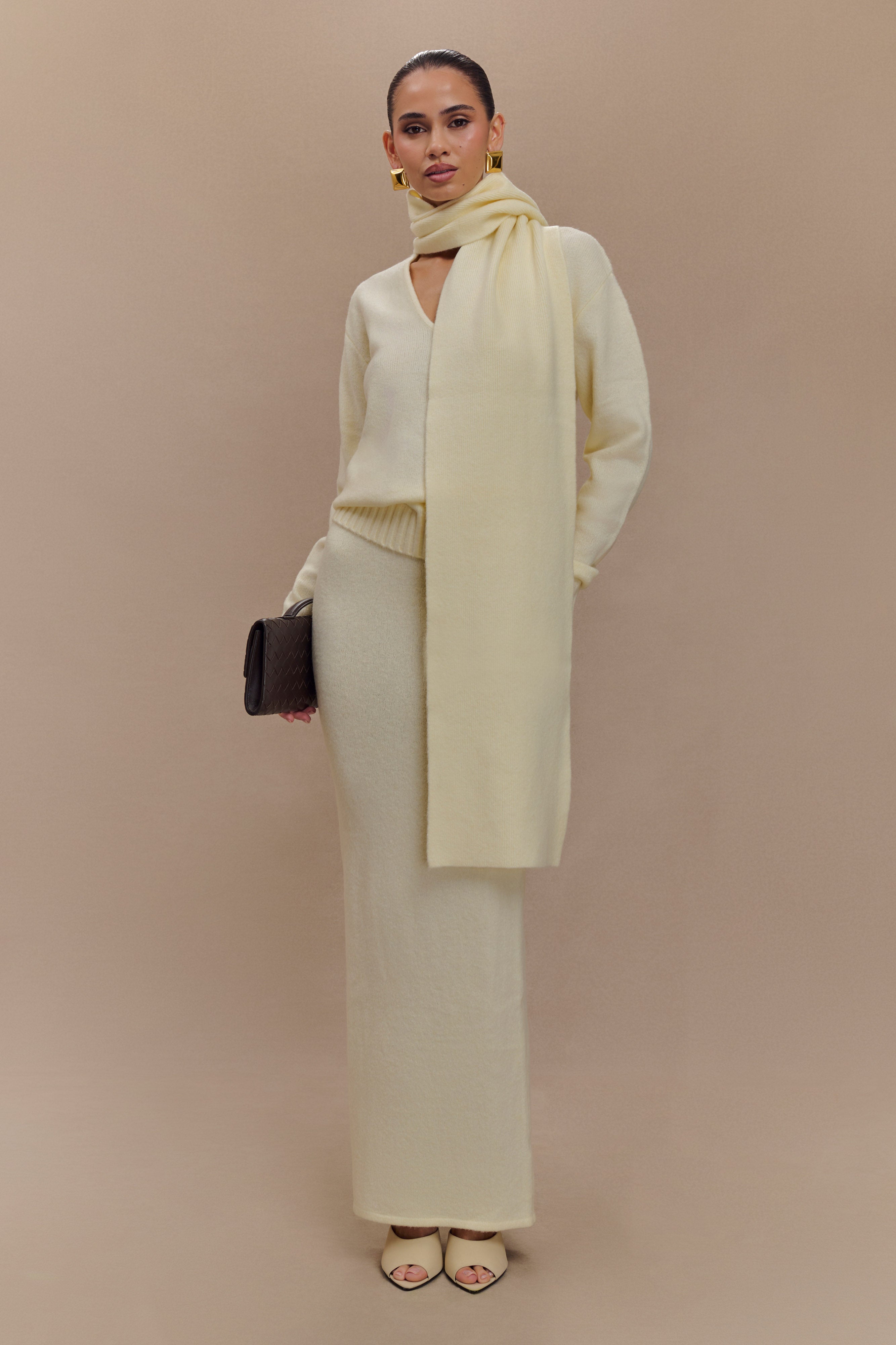 Ella V Neck Knit Jumper with Scarf | Ivory Marle