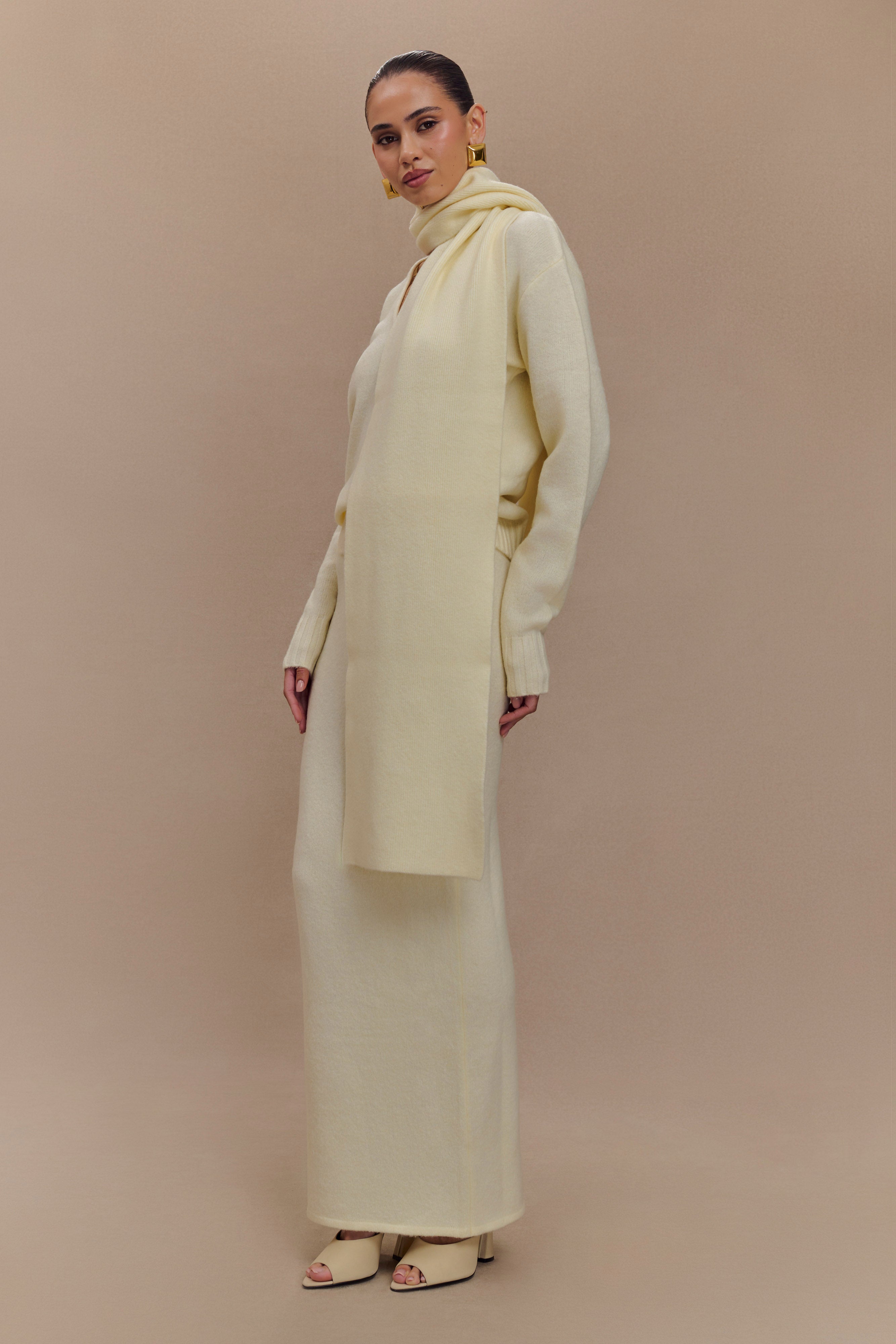 Ella V Neck Knit Jumper with Scarf | Ivory Marle